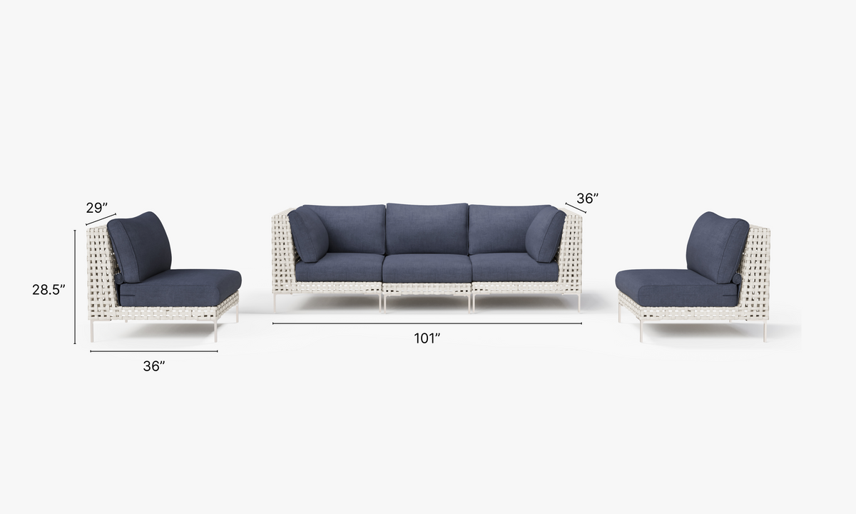Open Weave Wicker Outdoor Sofa with Armless Chairs - 5 Seat in Deep Sea Navy #color_deep sea navy