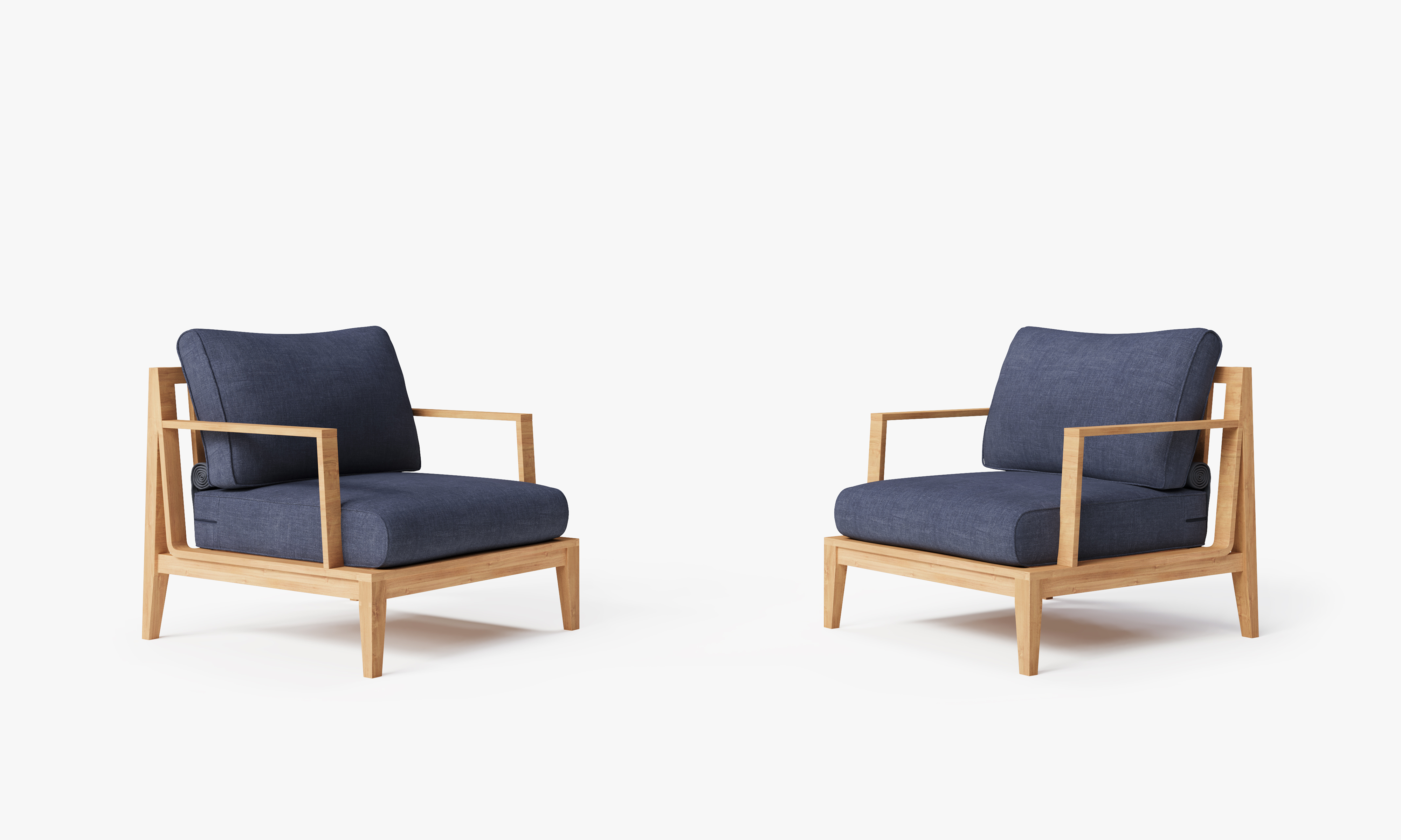 Teak outdoor sofa and armchair conversation set with navy cushions arranged on a wooden deck, creating a cozy seating area.-teak outdoor sofa-outer #color_deep sea navy