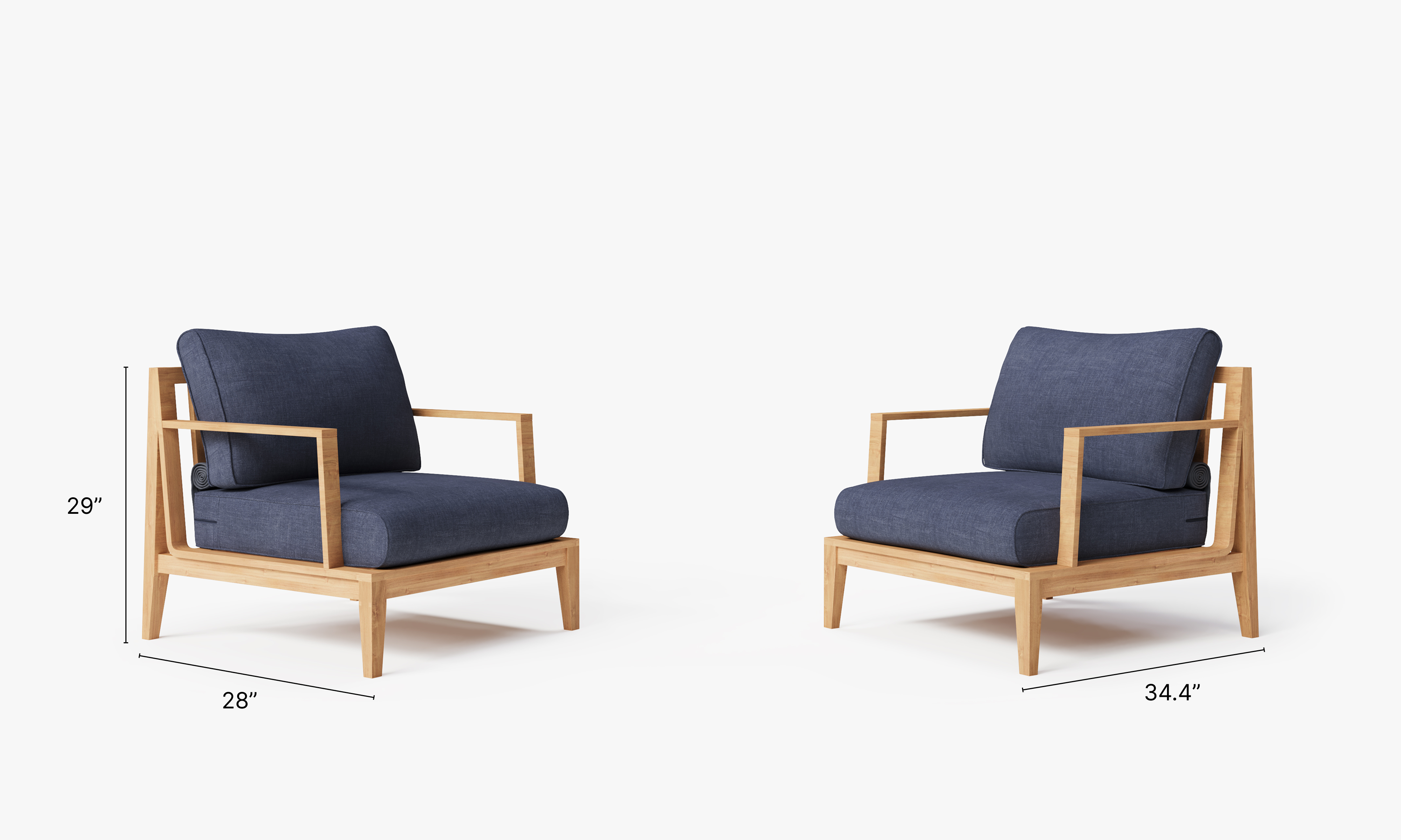 Teak outdoor sofa and armchair conversation set with navy cushions arranged on a wooden deck, creating a cozy seating area.-teak outdoor sofa-outer #color_deep sea navy