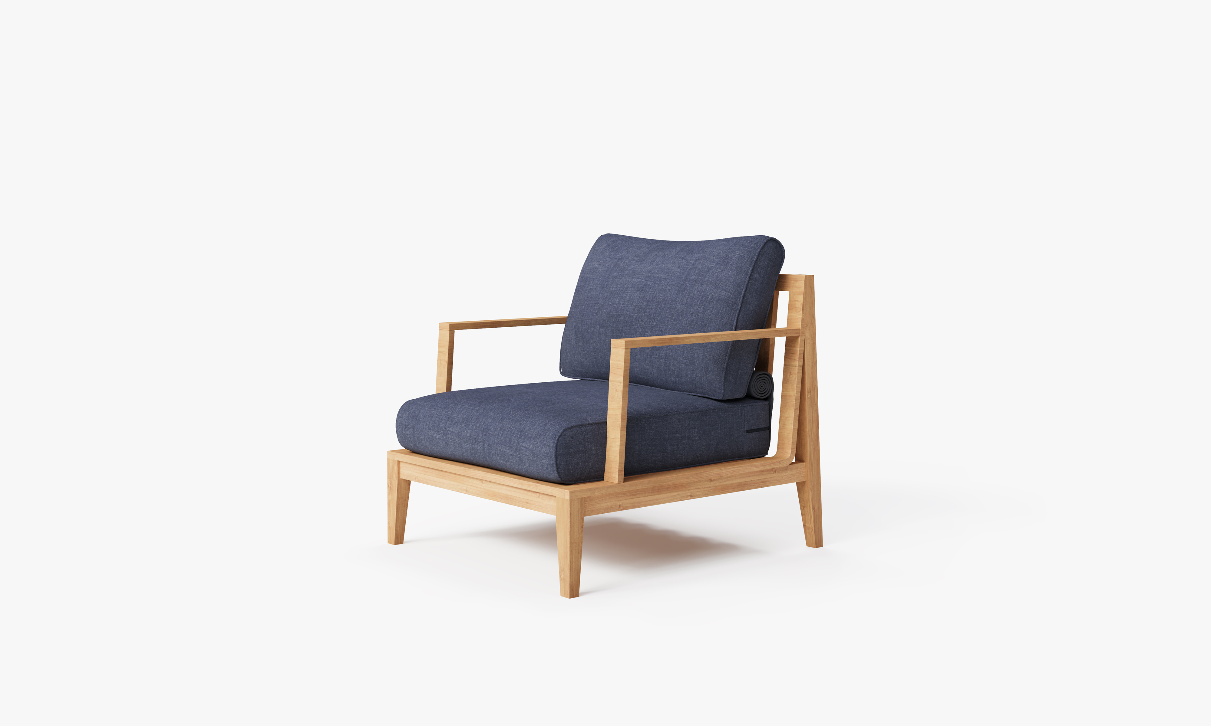 Teak outdoor sofa and armchair conversation set with navy cushions arranged on a wooden deck, creating a cozy seating area.-teak outdoor sofa-outer #color_deep sea navy