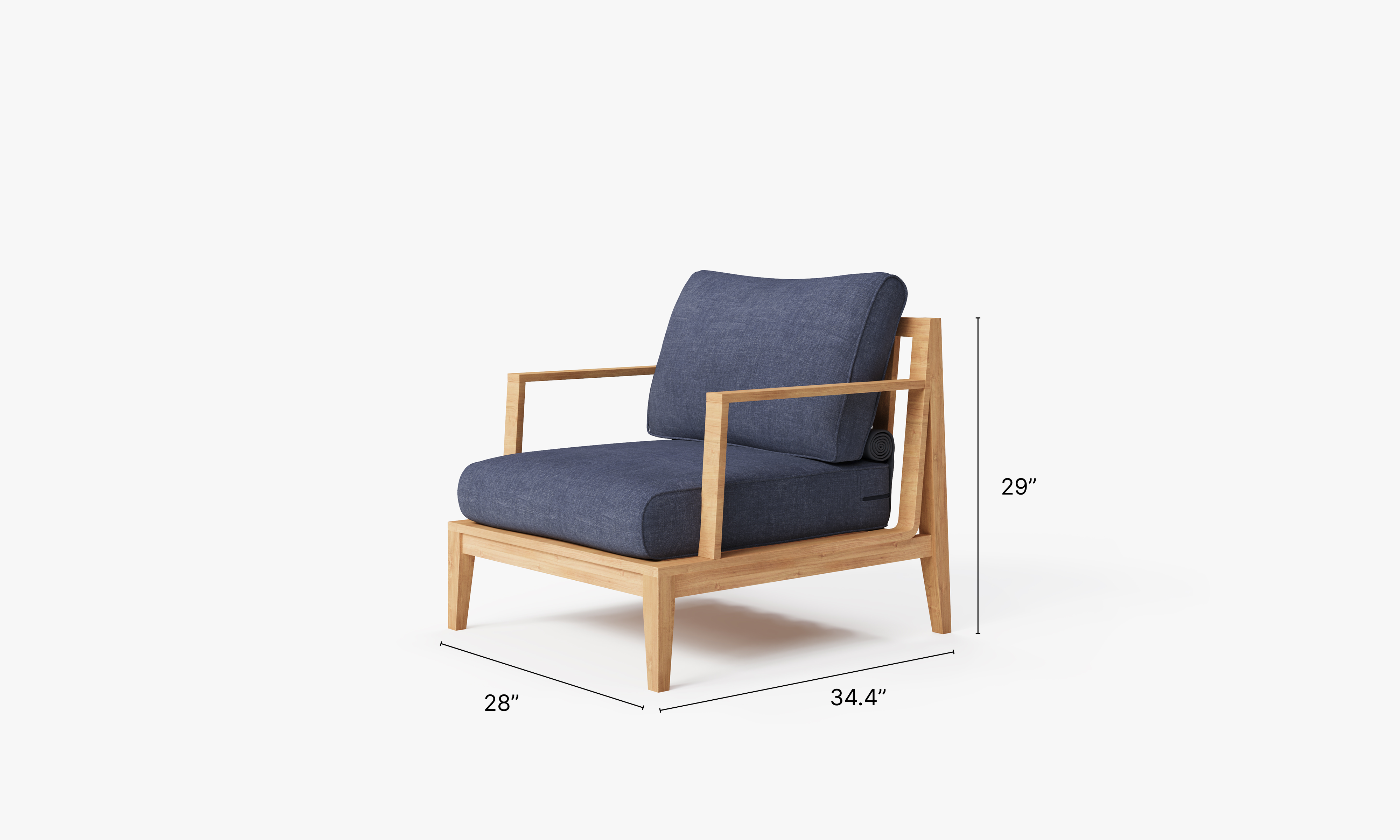 Teak outdoor sofa and armchair conversation set with navy cushions arranged on a wooden deck, creating a cozy seating area.-teak outdoor sofa-outer #color_deep sea navy