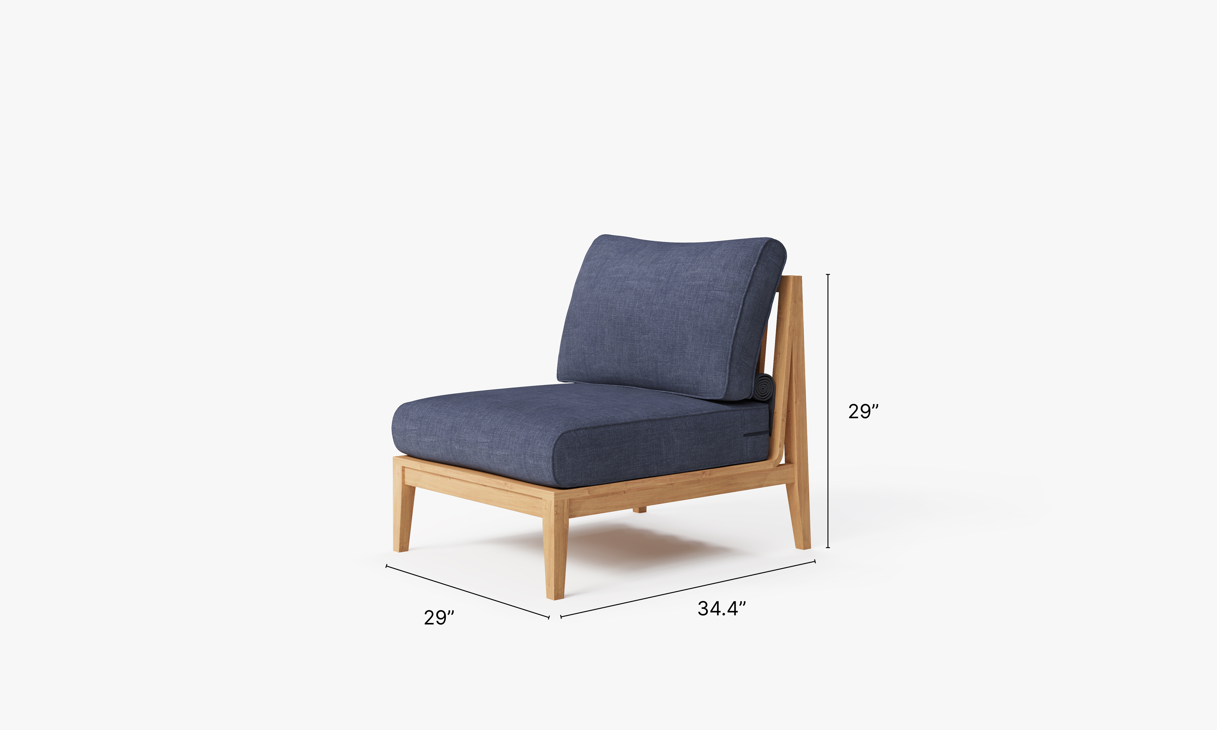 Teak outdoor sofa featuring an armless design with deep sea navy cushions, showcasing a sturdy wooden frame and a matching armless chair beside it.-teak outdoor sofa-outer #color_deep sea navy