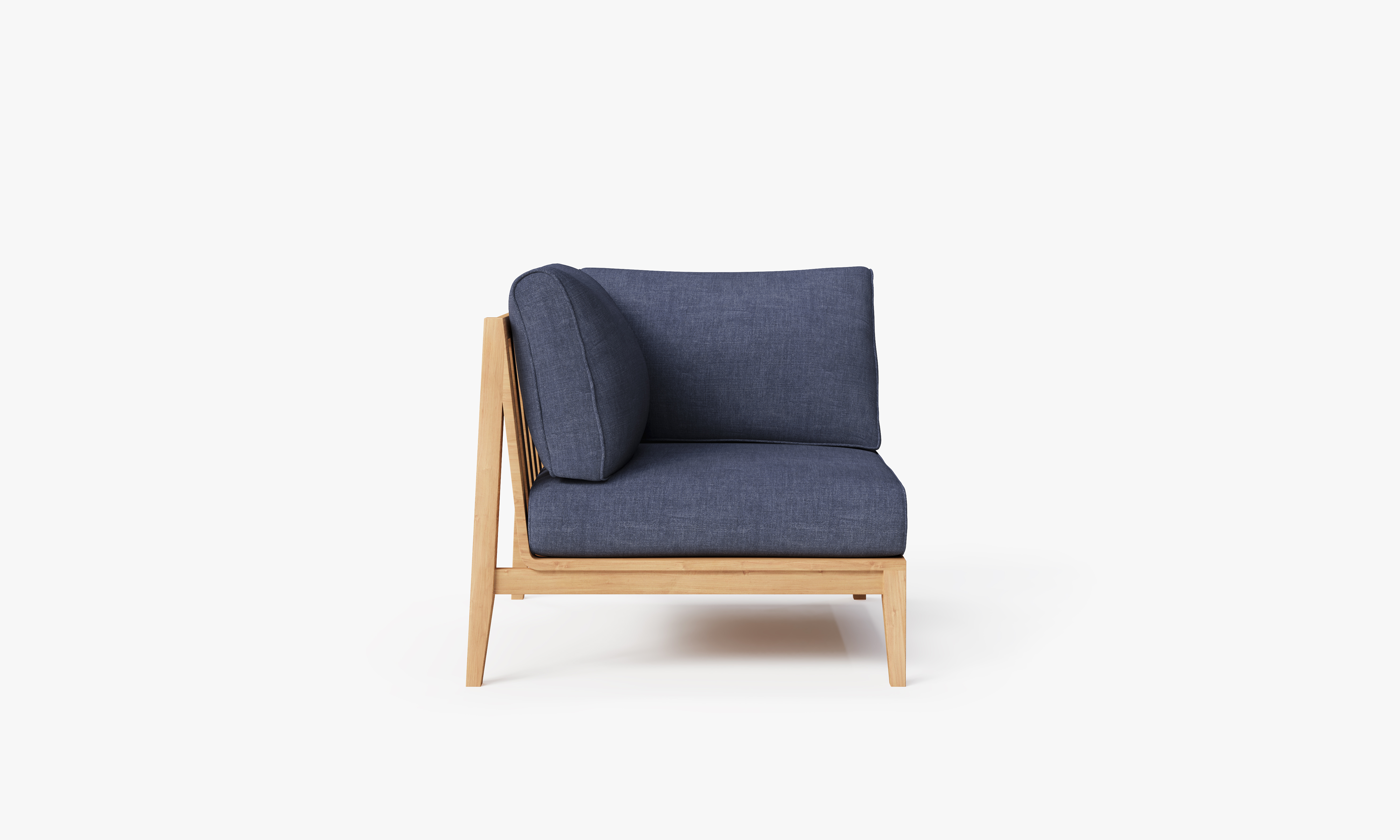 Teak outdoor corner sofa with navy cushions, featuring a right-side chair and clean, modern design.-teak outdoor sofa-outer #color_deep sea navy