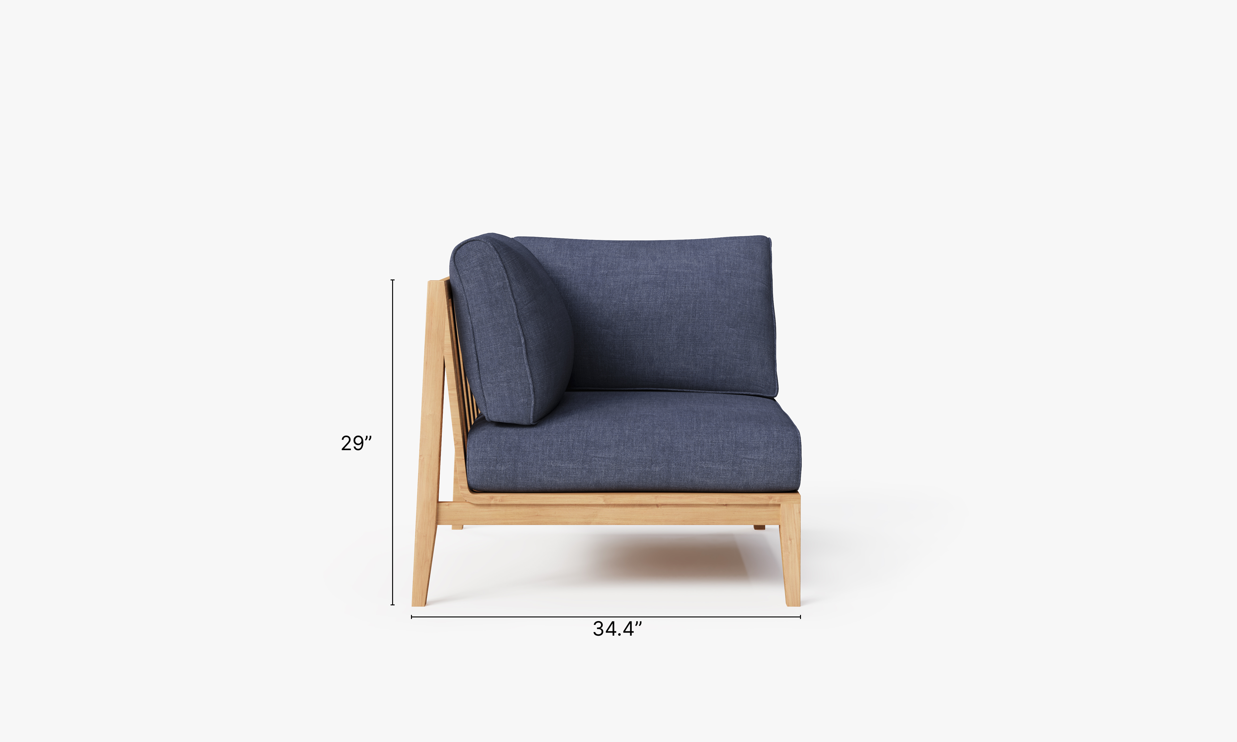 Teak outdoor corner sofa with deep sea navy cushions, featuring a right-side chair and clean, modern lines.-teak outdoor sofa-outer #color_deep sea navy