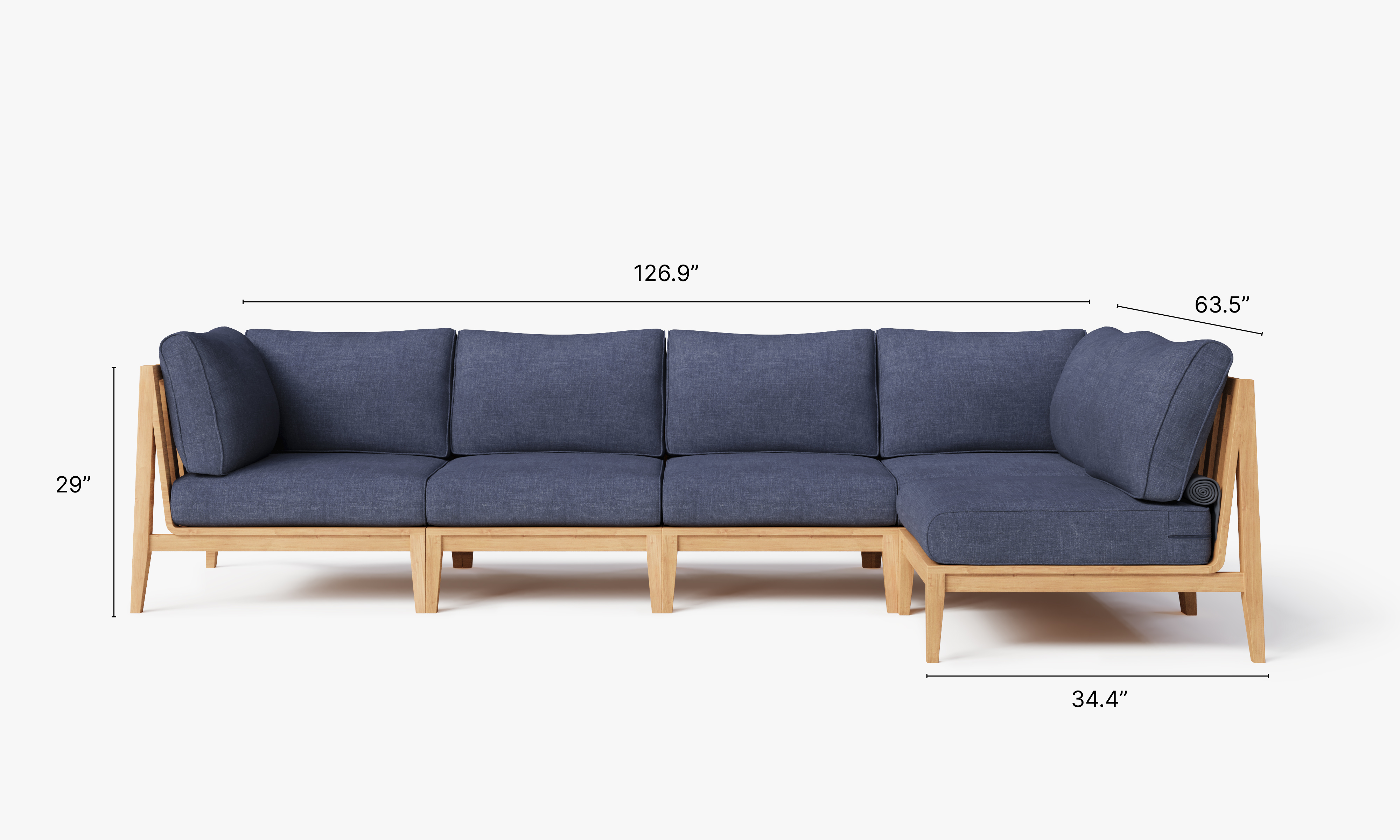 Teak outdoor L sectional sofa with 5 deep sea navy cushions arranged in an L shape on a patio.-teak outdoor sofa-outer #color_deep sea navy