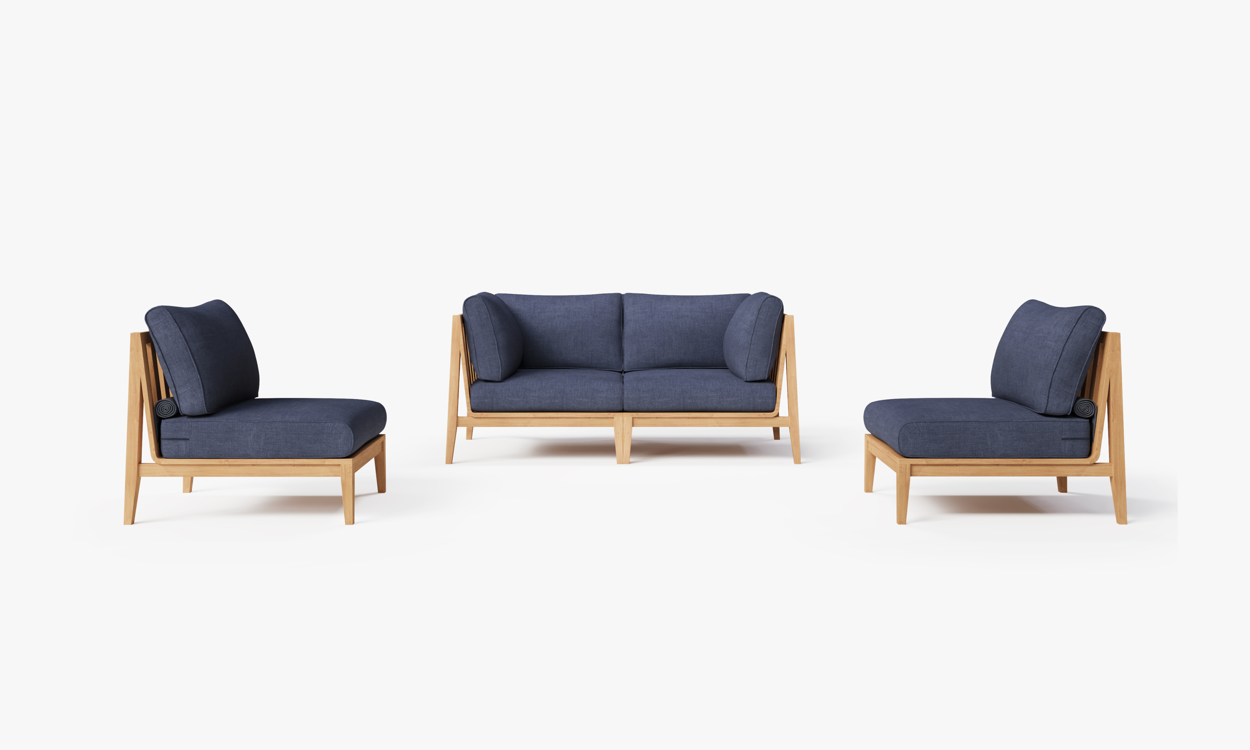 Teak outdoor loveseat with armless chairs, featuring navy cushions and a sturdy wooden frame, arranged on a patio setting.-teak outdoor sofa-outer #color_deep sea navy