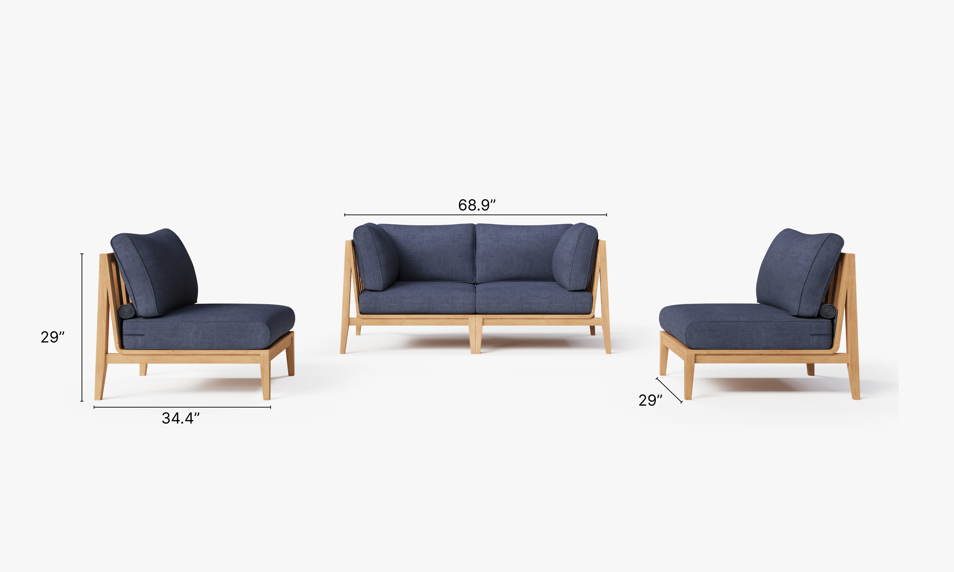 A teak outdoor loveseat with armless design, featuring white cushions and a natural wood finish, set against a white background.-teak outdoor sofa-outer #color_deep sea navy