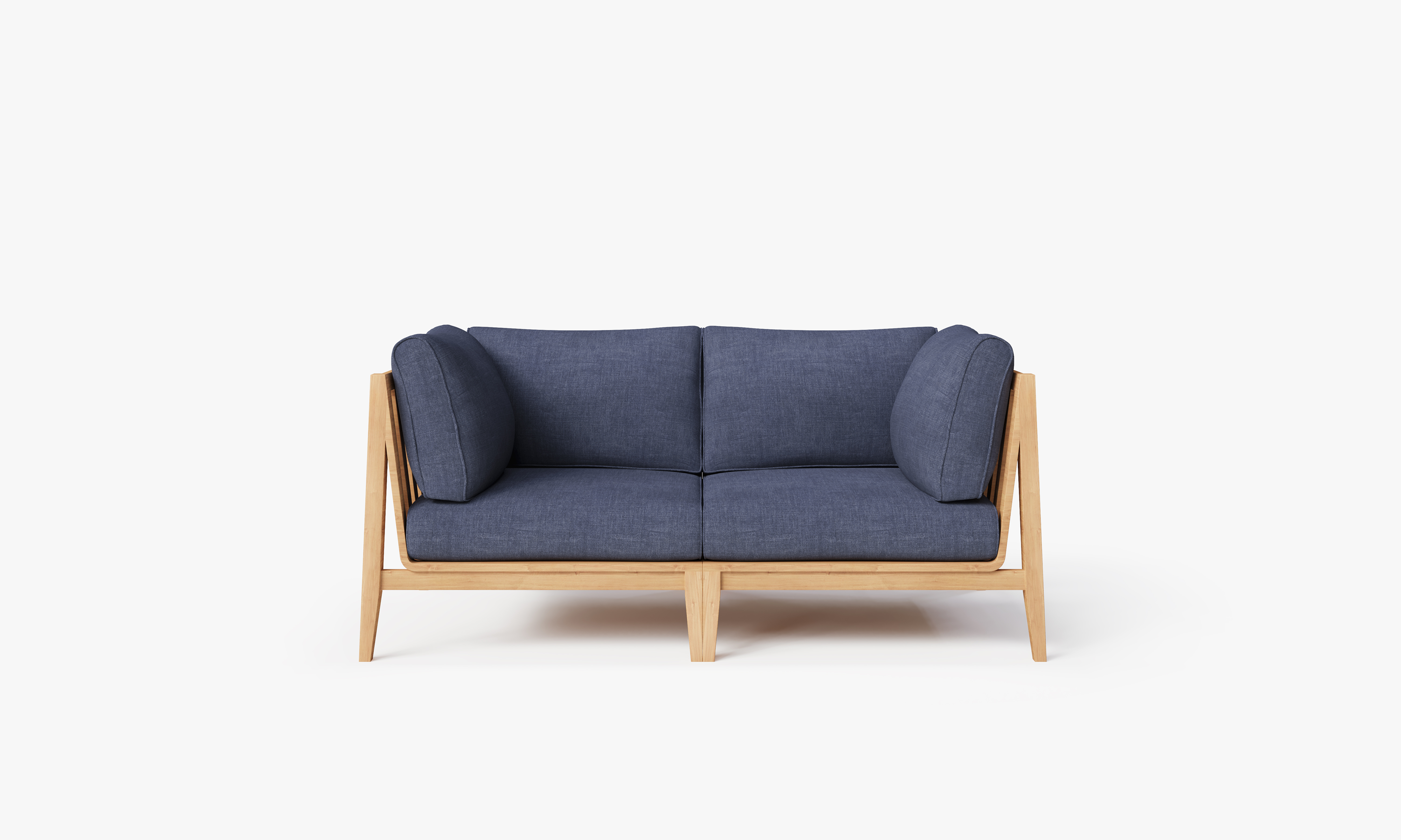 Teak outdoor loveseat with navy blue cushions, featuring a sturdy wooden frame and slatted design, ideal for patio or garden seating.-teak outdoor sofa-outer #color_deep sea navy