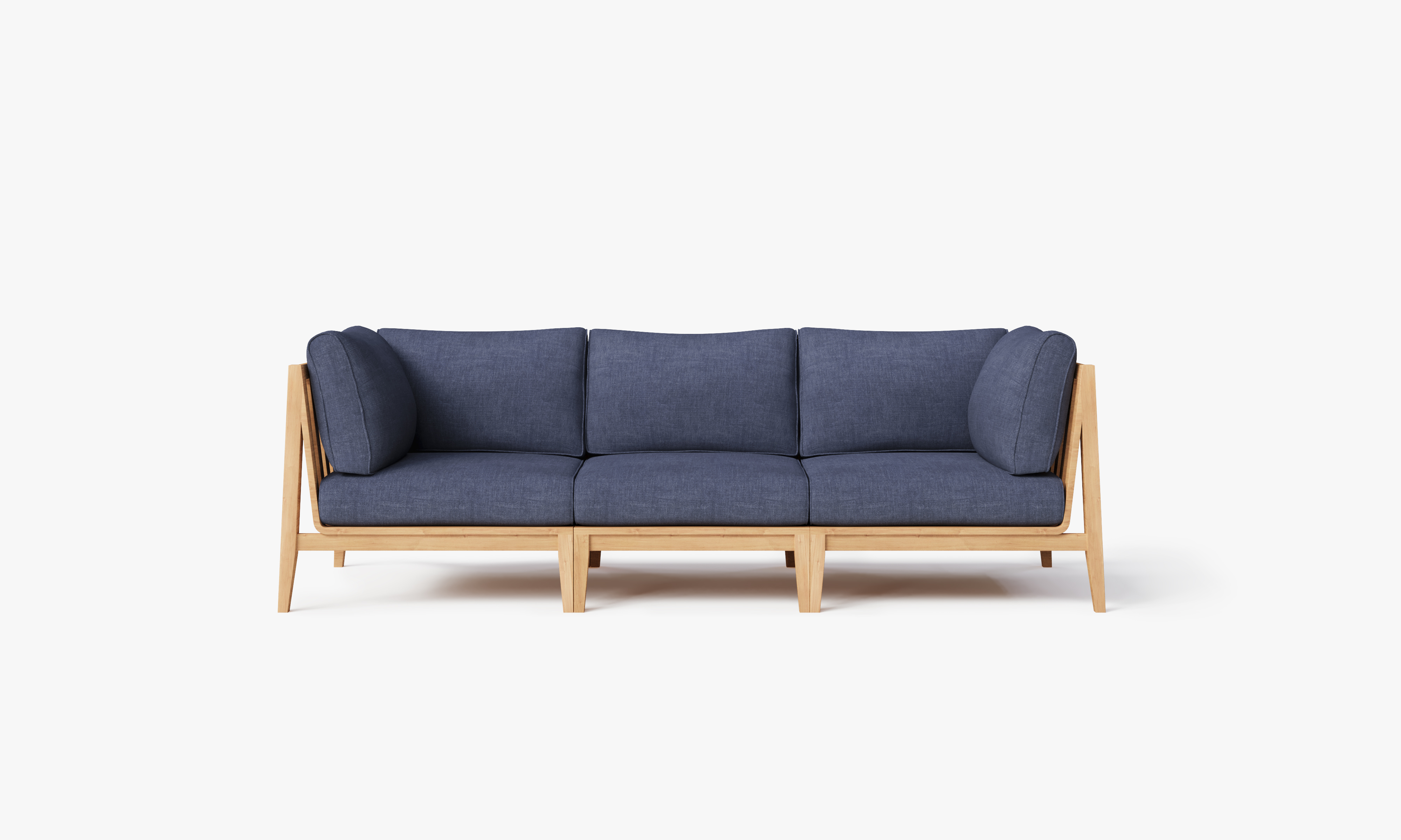 Teak outdoor sofa with 3 seats featuring navy cushions, designed for comfortable outdoor seating.-teak outdoor sofa-outer #color_deep sea navy