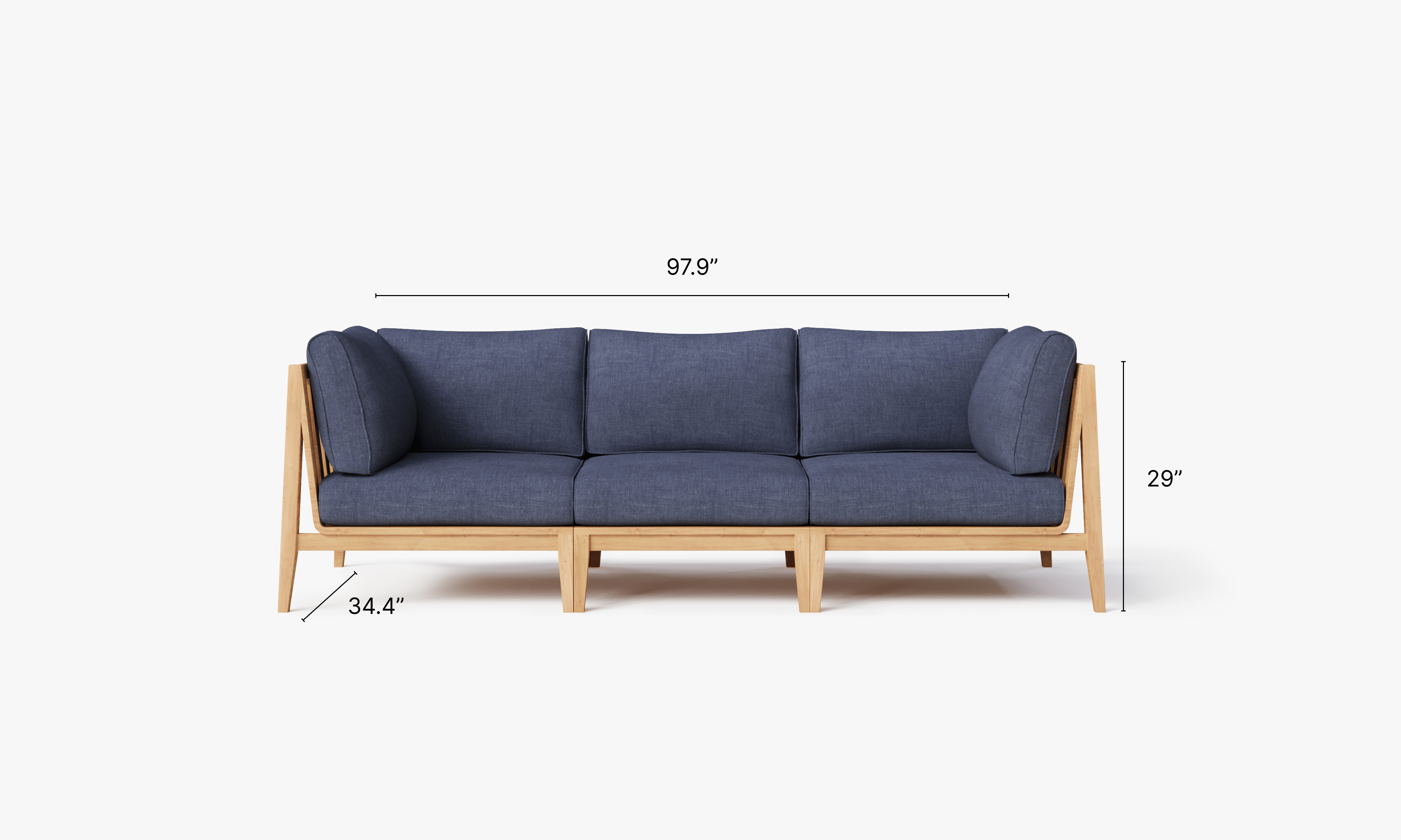 Teak outdoor sofa with a 3-seat design featuring deep sea navy cushions and white aluminum frame.-teak outdoor sofa-outer #color_deep sea navy