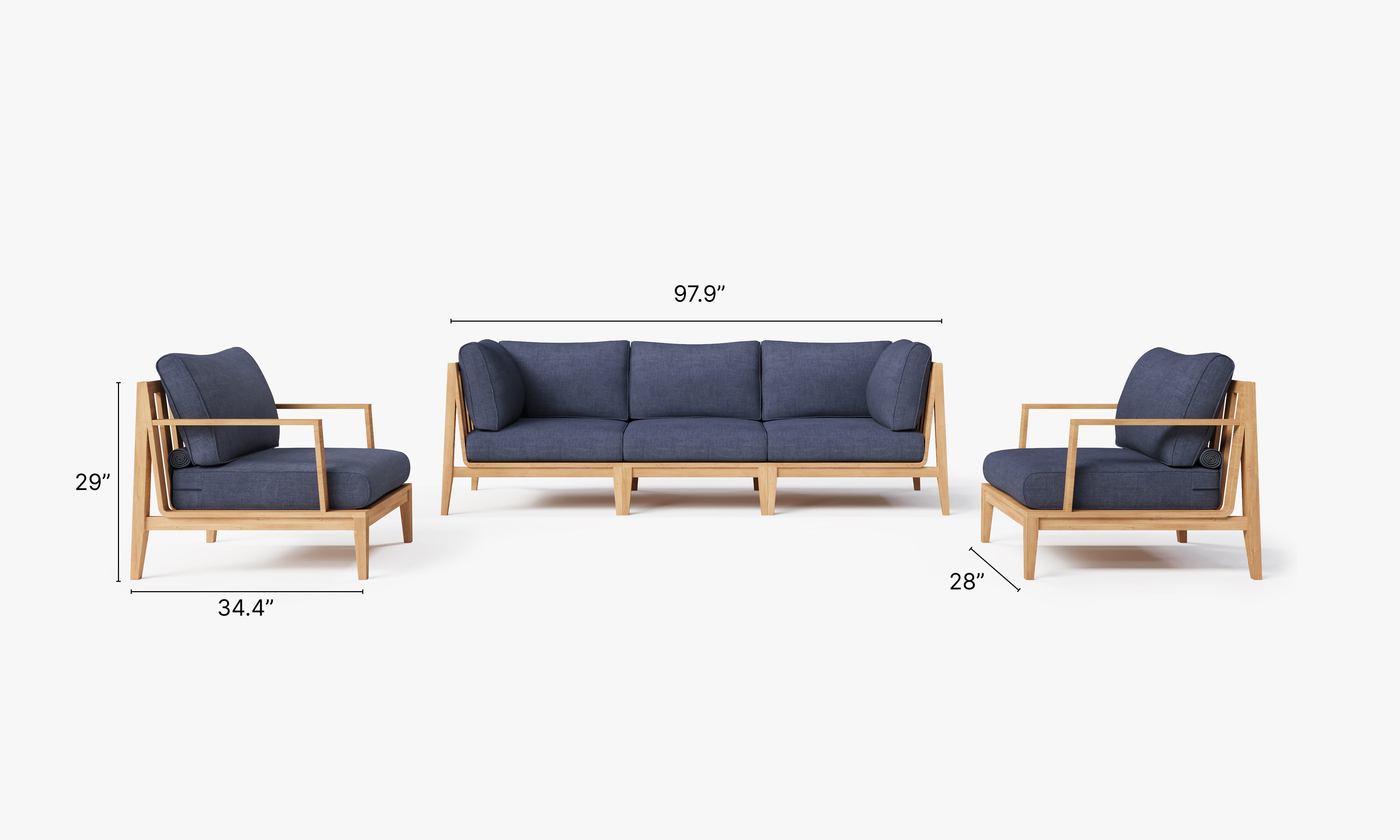 Teak outdoor sofa with matching armchairs, featuring white cushions and a modern design, arranged on a wooden deck.-teak outdoor sofa-outer #color_deep sea navy