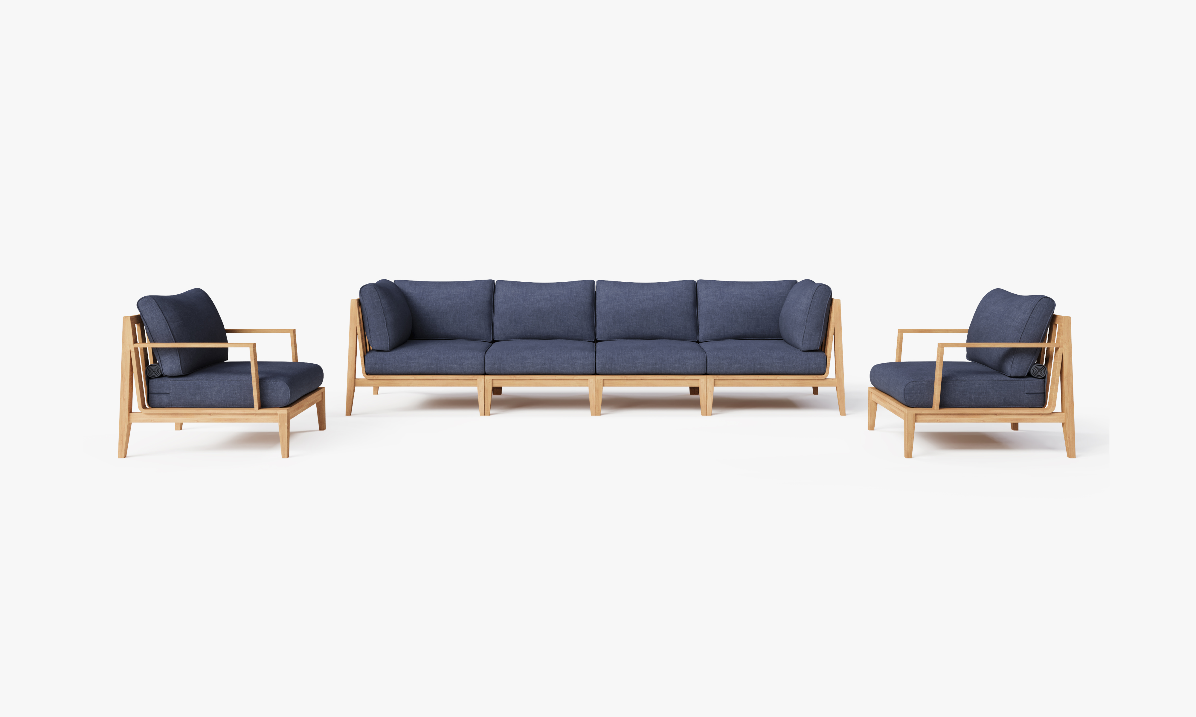 Teak outdoor sofa with matching armchairs arranged on a wooden deck, featuring navy cushions and a modern, sturdy design.-teak outdoor sofa-outer #color_deep sea navy