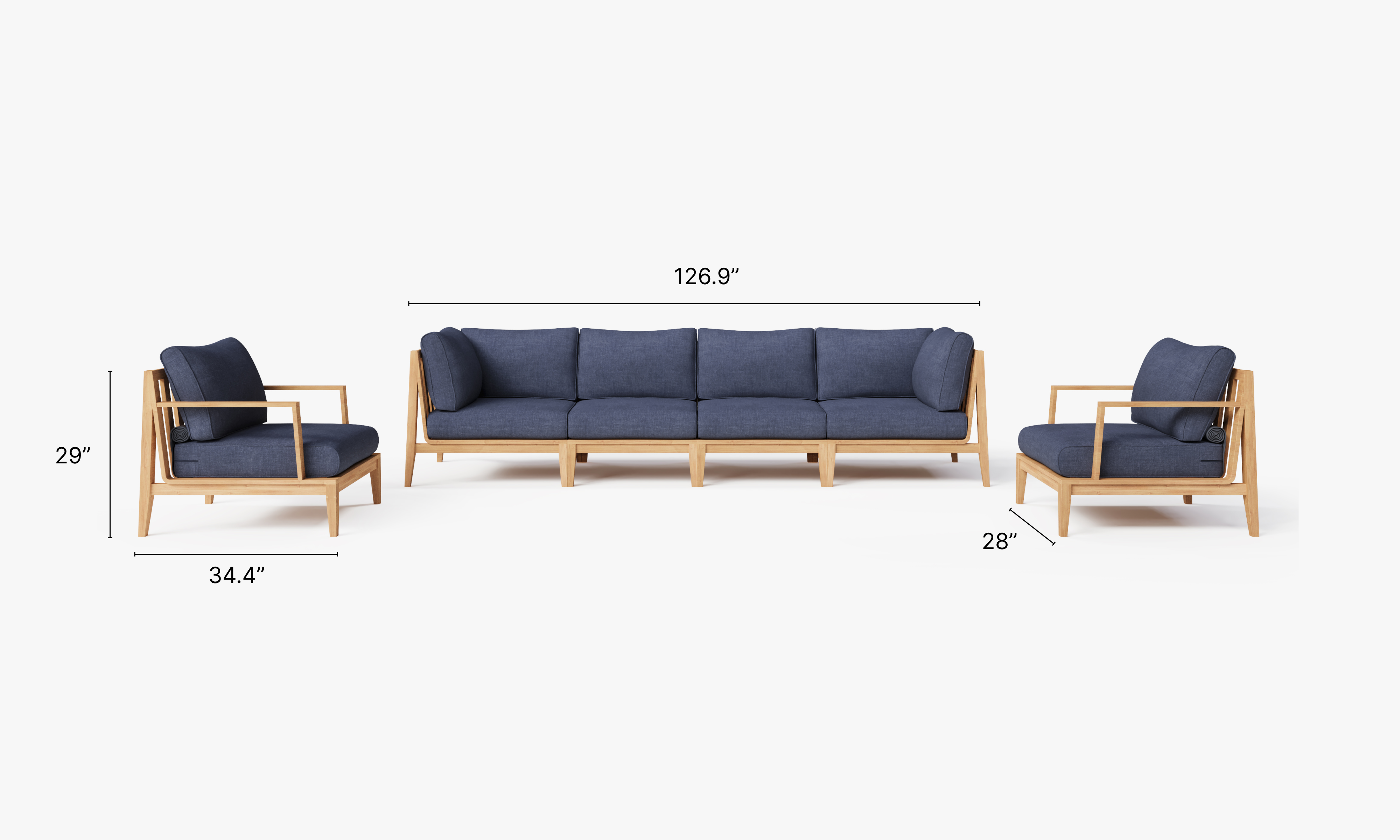 Teak outdoor sofa with matching armchairs featuring white cushions, arranged on a wooden deck with a modern design.-teak outdoor sofa-outer #color_deep sea navy