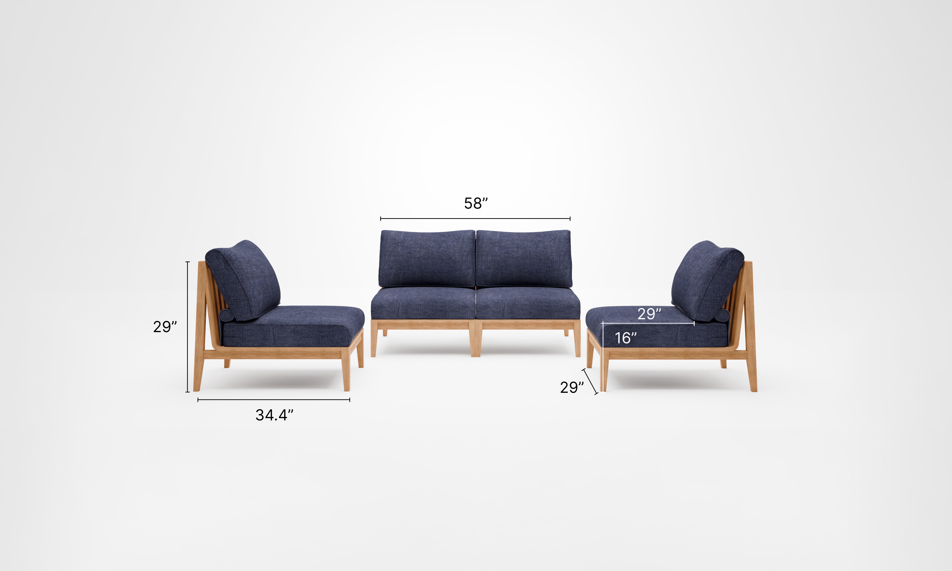 A teak outdoor loveseat with armless design, featuring white cushions and a natural wood finish, set against a white background.-teak outdoor sofa-outer #color_deep sea navy