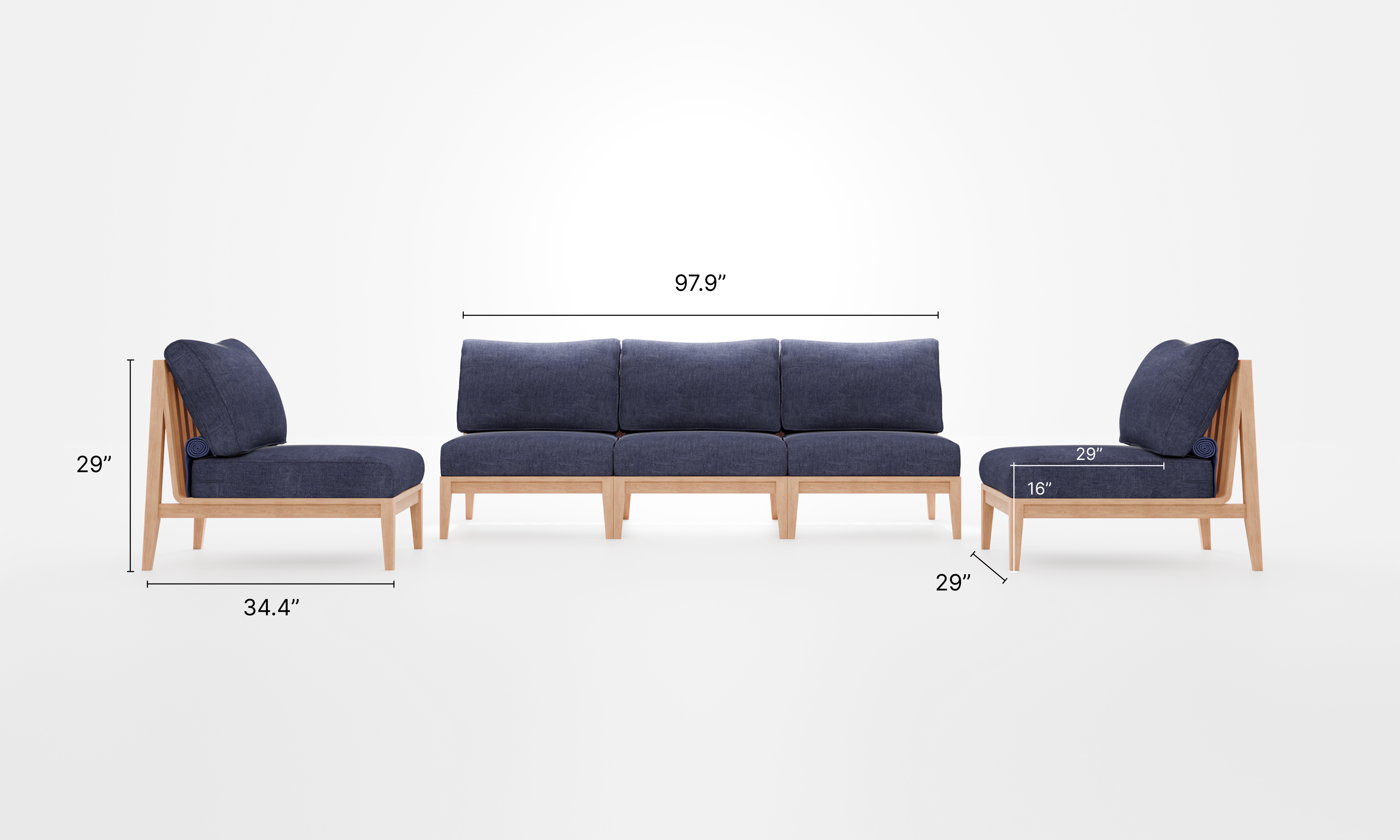 A teak outdoor sofa with white cushions, featuring an armless design and a slatted wooden frame, set against a neutral background.-teak outdoor sofa-outer #color_deep sea navy