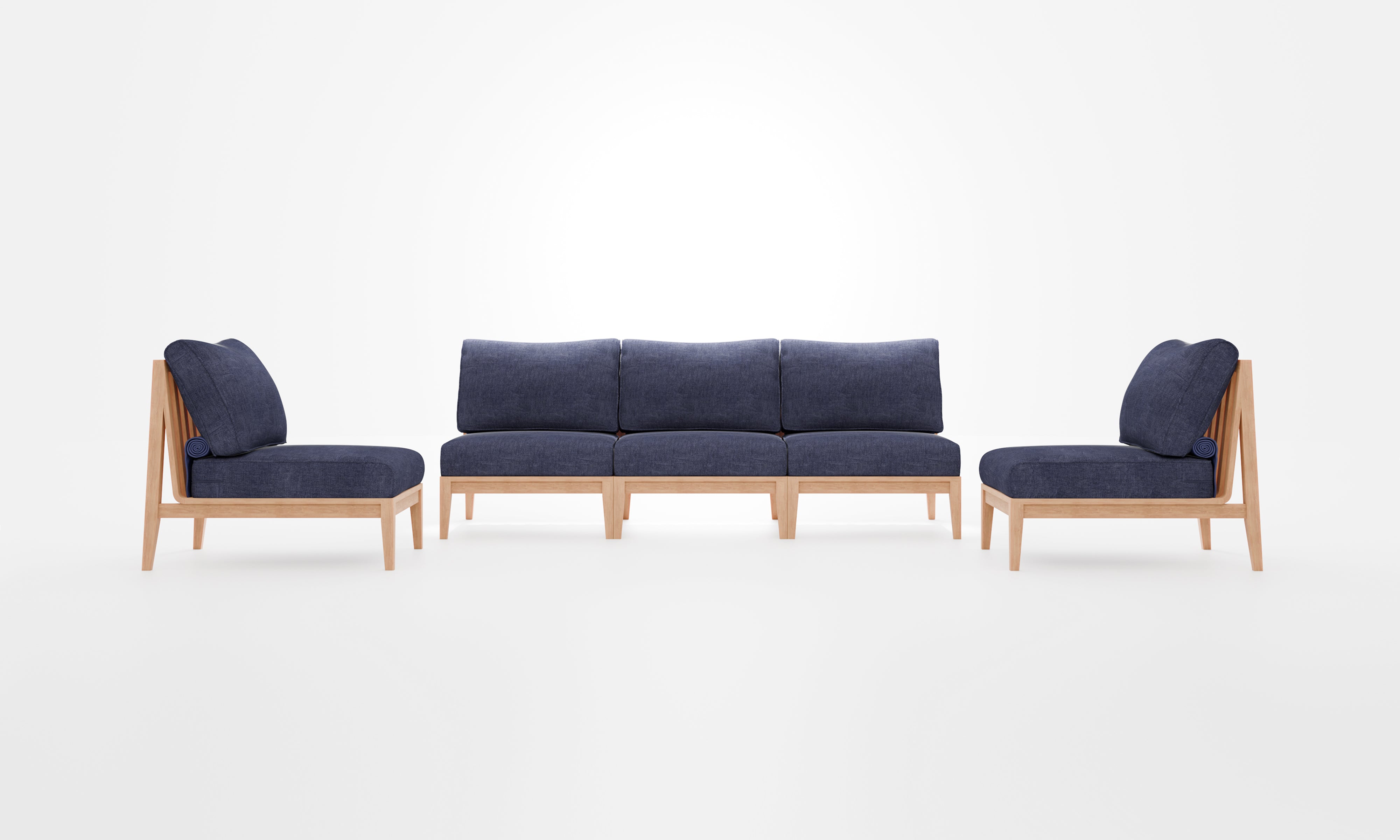 Teak outdoor sofa with navy cushions, featuring an armless design and accompanied by matching armless chairs, arranged on a wooden deck.-teak outdoor sofa-outer #color_deep sea navy