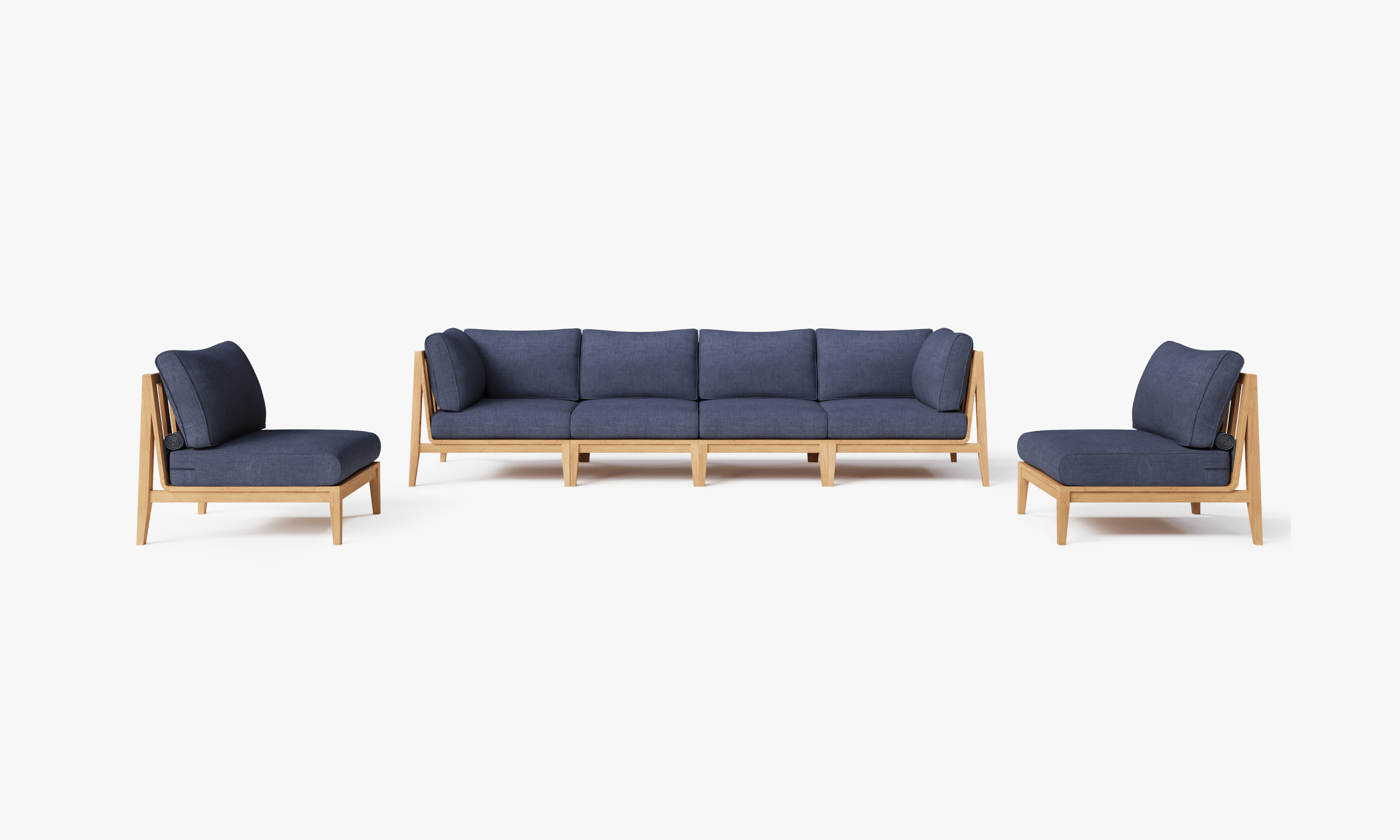 Teak outdoor sofa with navy cushions, featuring an armless design, paired with matching armless chairs on a wooden deck.-teak outdoor sofa-outer #color_deep sea navy