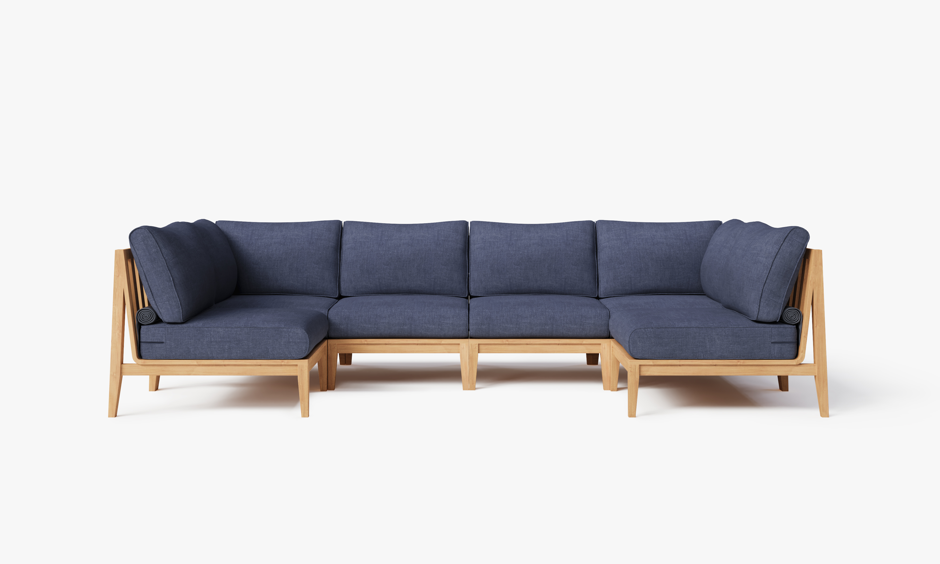 Teak outdoor U sectional sofa with 6 cream cushions arranged in a spacious seating layout.-teak outdoor sofa-outer #color_deep sea navy