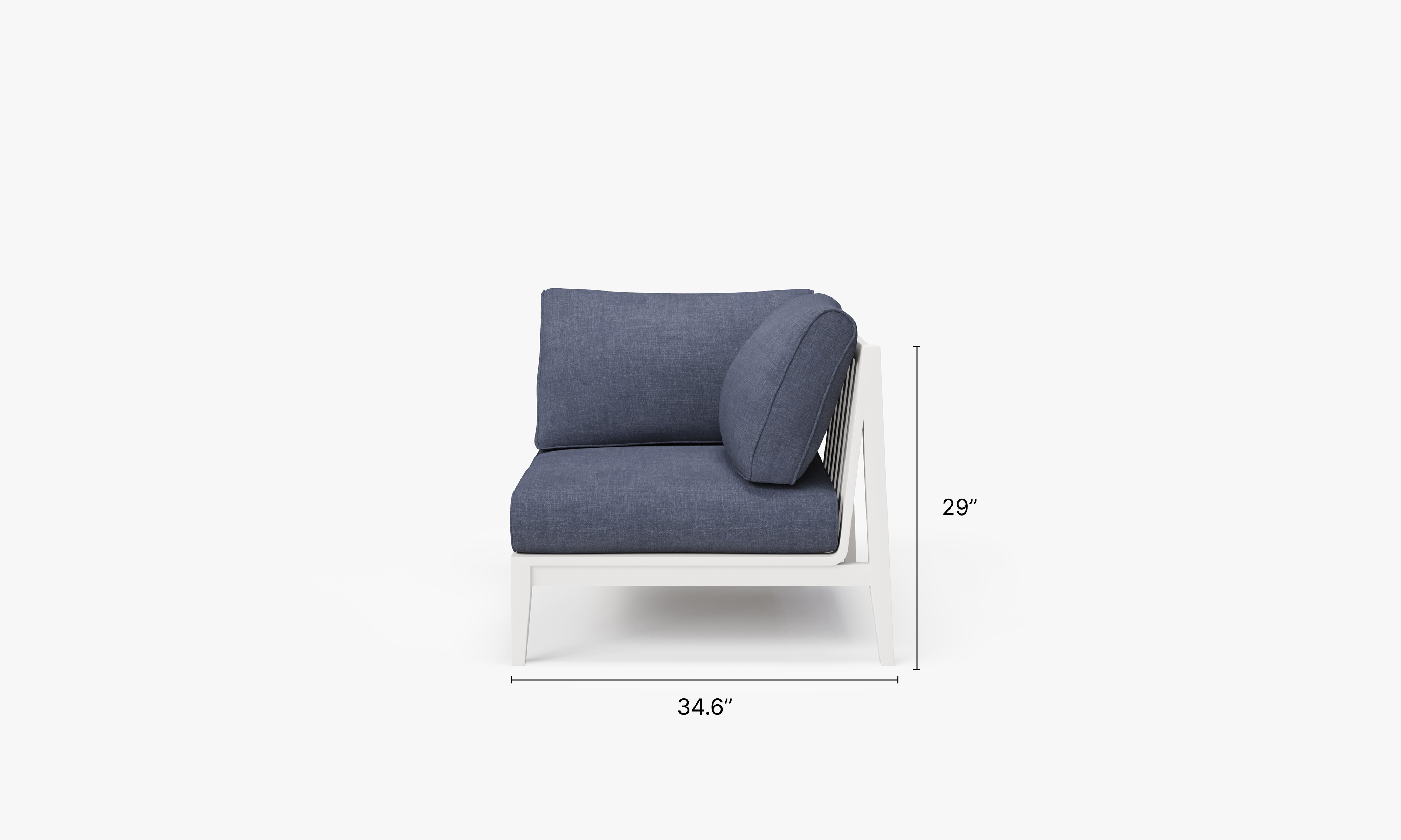 White Aluminum Outdoor Corner Chair - Left dimensions in inches, also listed under Dimensions and Weights. #color_deep sea navy