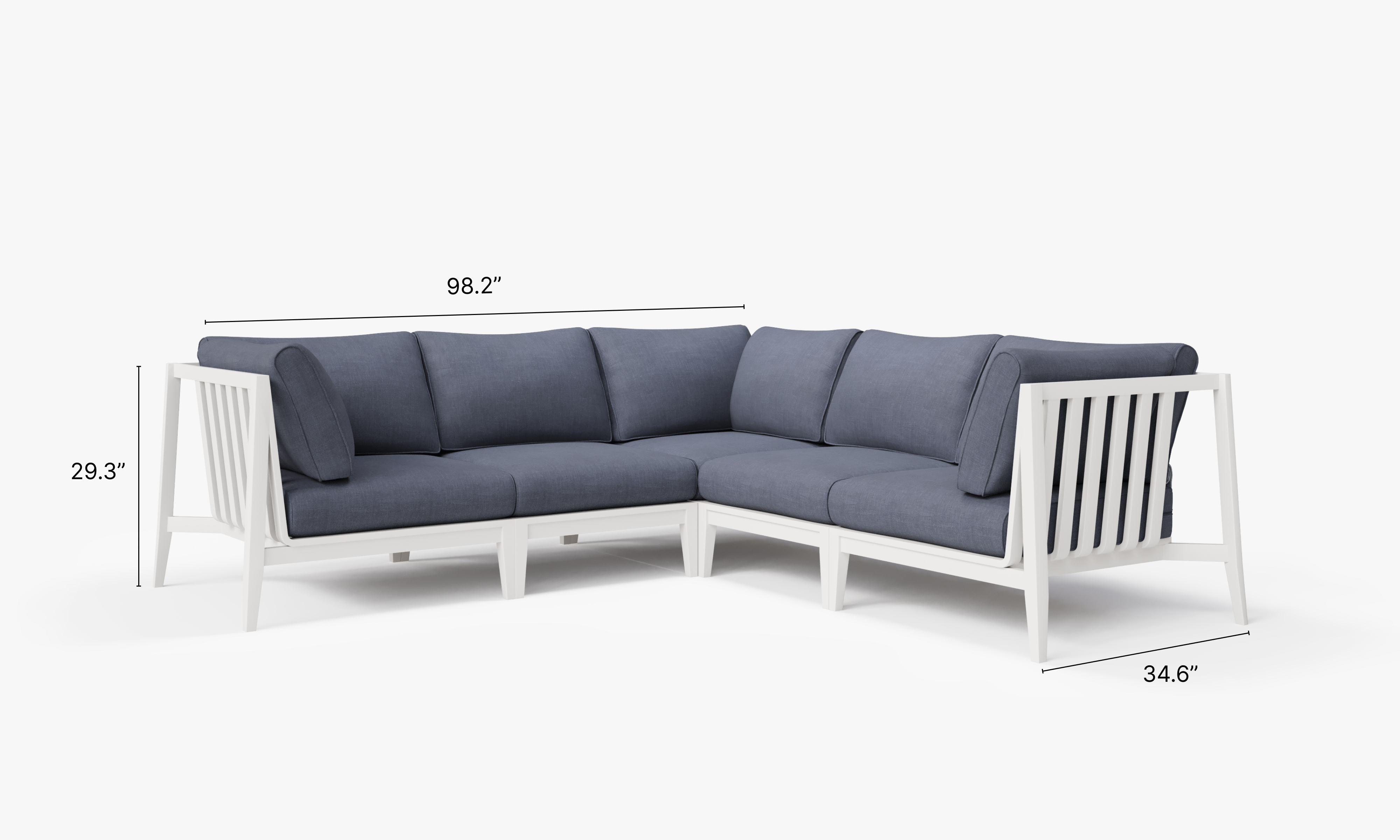 White Aluminum Outdoor Corner Sectional - 5 Seat dimensions in inches, also listed under Dimensions and Weights. #color_deep sea navy