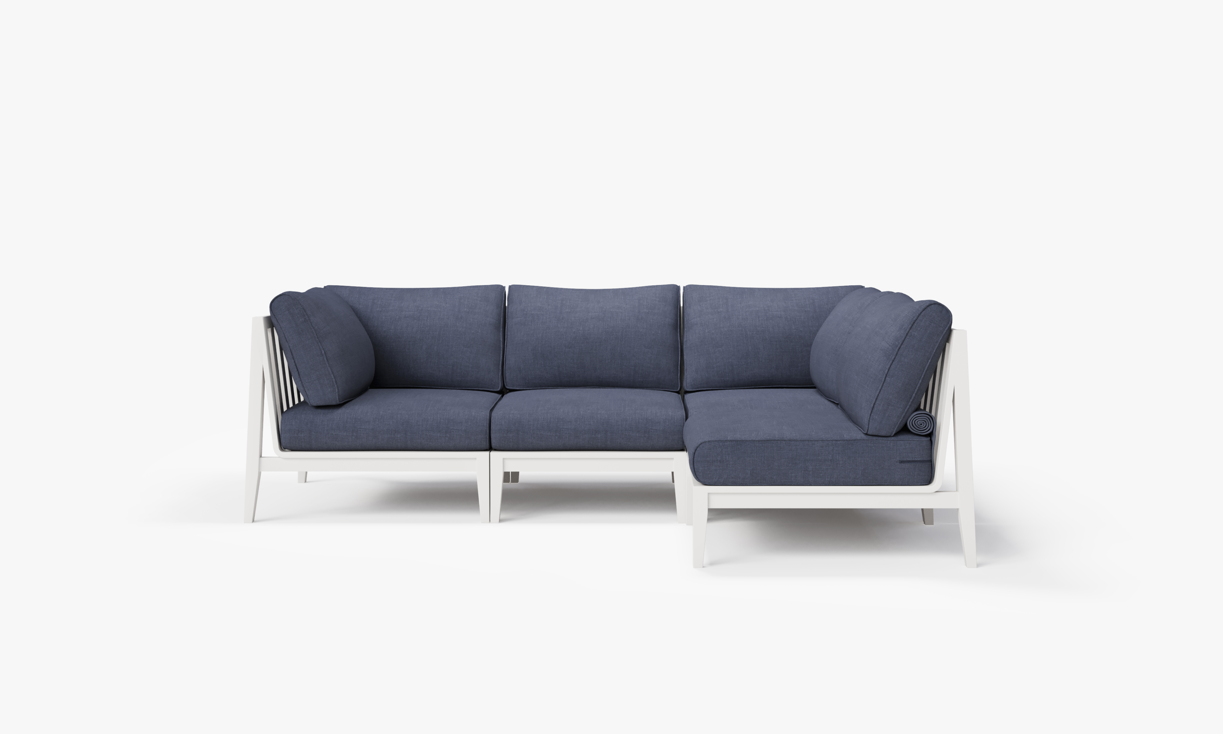 White Aluminum Outdoor L Sectional - 4 Seat, front. Comfortable, durable, and weather resistant outdoor seating with memory foam. #color_deep sea navy