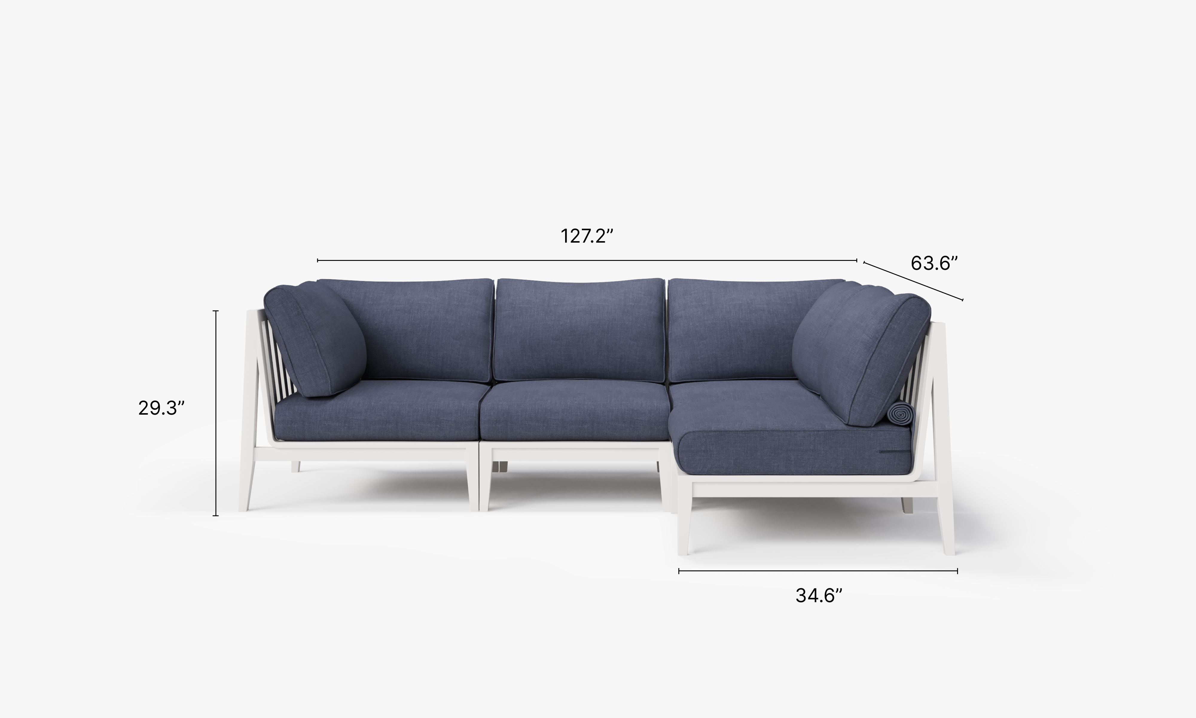 White Aluminum Outdoor L Sectional - 4 Seat dimensions in inches, also listed under Dimensions and Weights. #color_deep sea navy