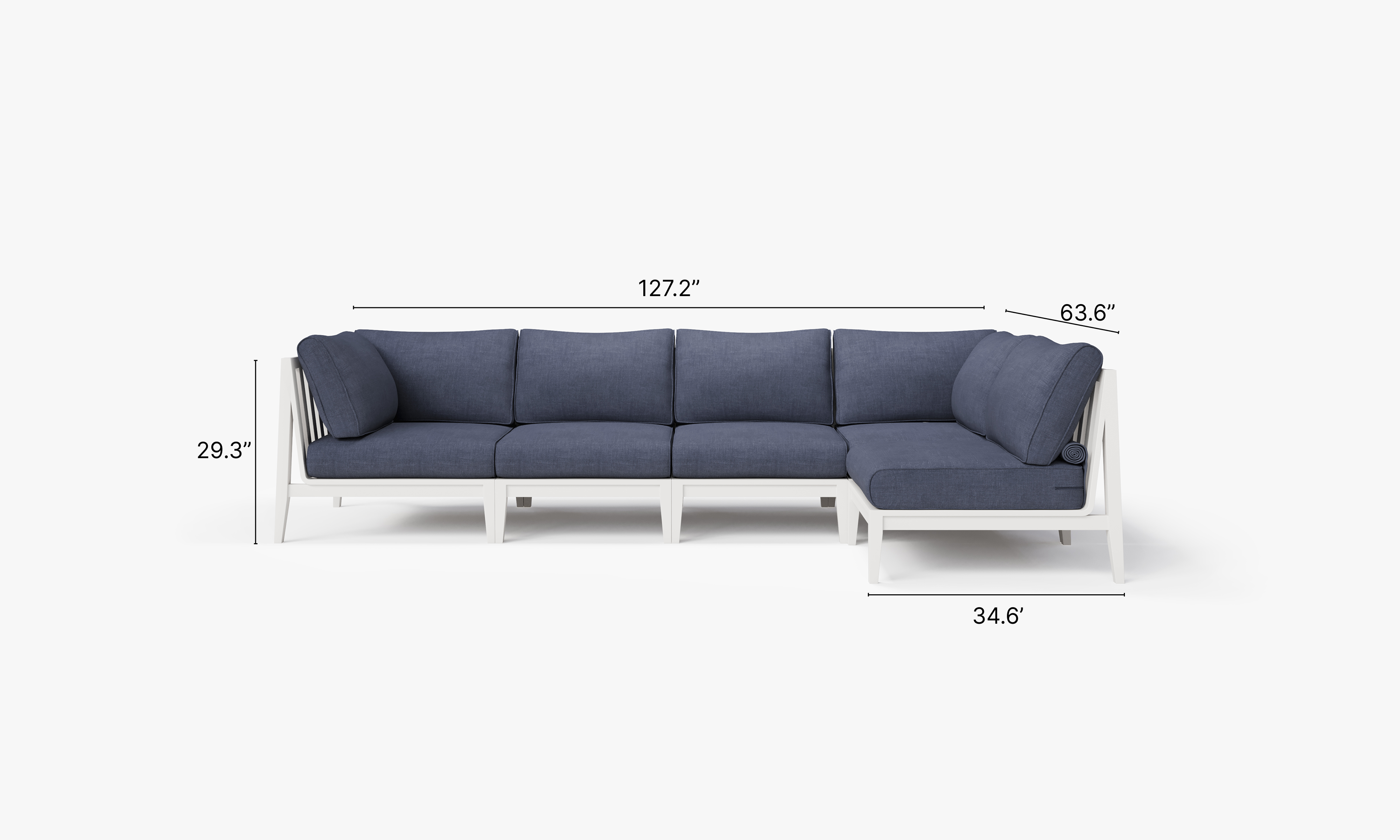 White Aluminum Outdoor L Sectional - 5 Seat dimensions in inches, also listed under Dimensions and Weights. #color_deep sea navy