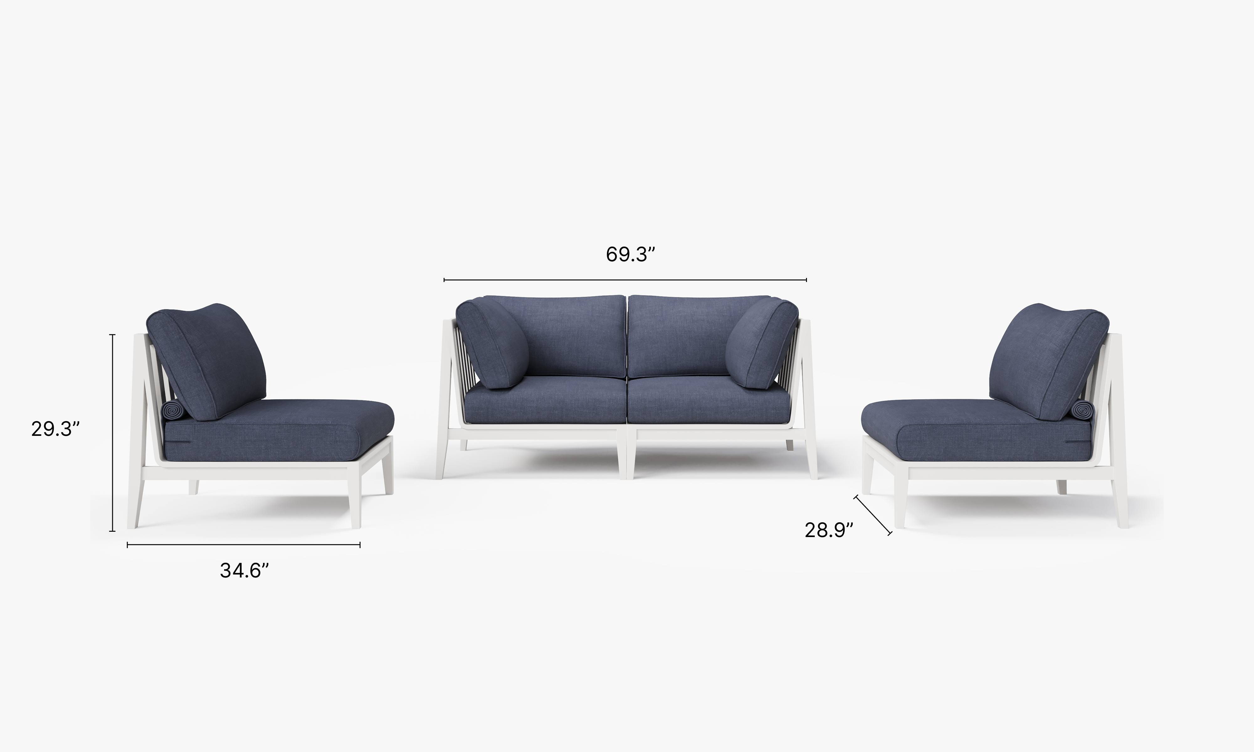 White Aluminum Outdoor Loveseat with Armless Chairs - 4 Seat dimensions in inches, also listed under Dimensions and Weights. #color_deep sea navy