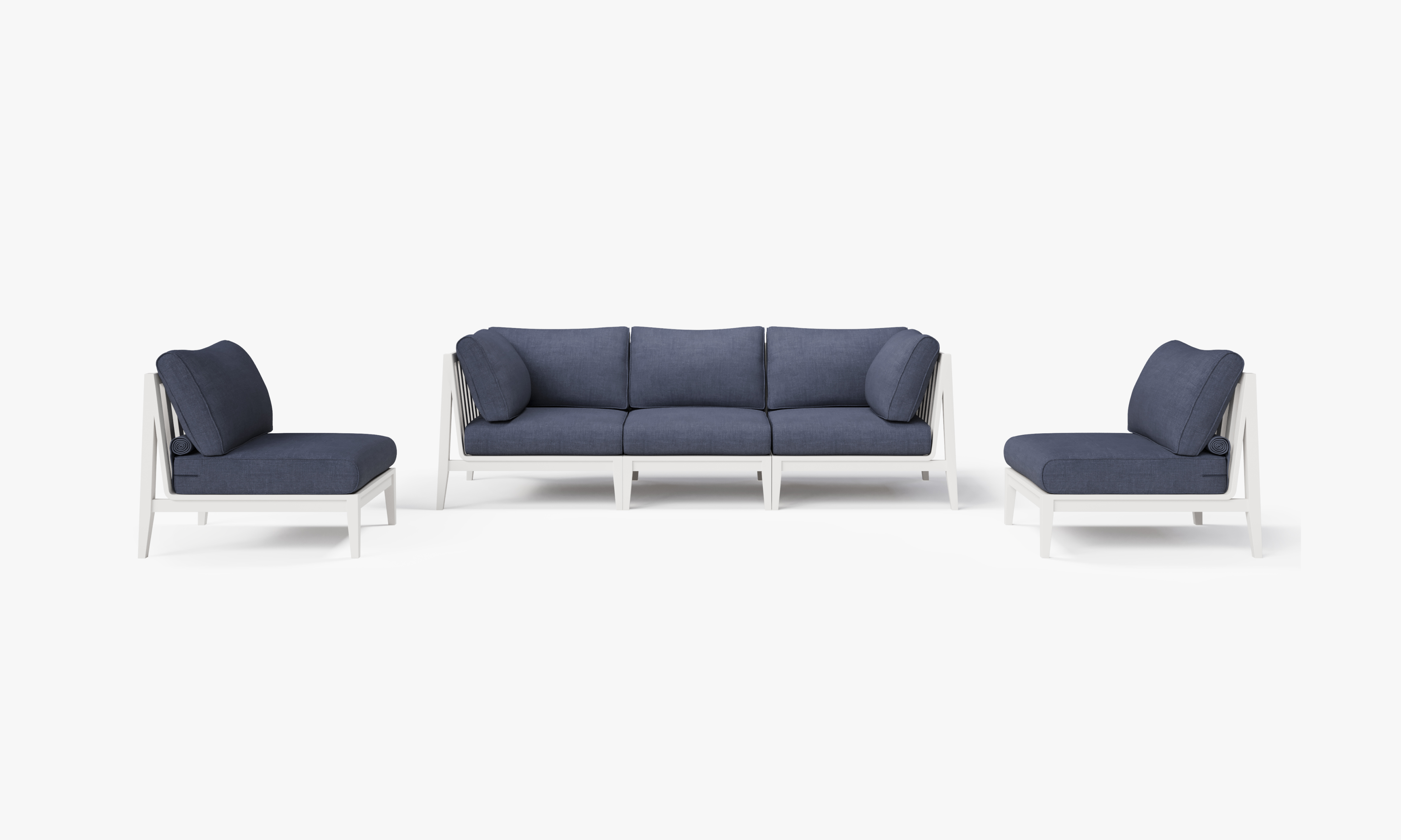 White Aluminum Outdoor Sofa with Armless Chairs - 5 Seat, front. Comfortable, durable, and weather resistant outdoor seating with memory foam. #color_deep sea navy