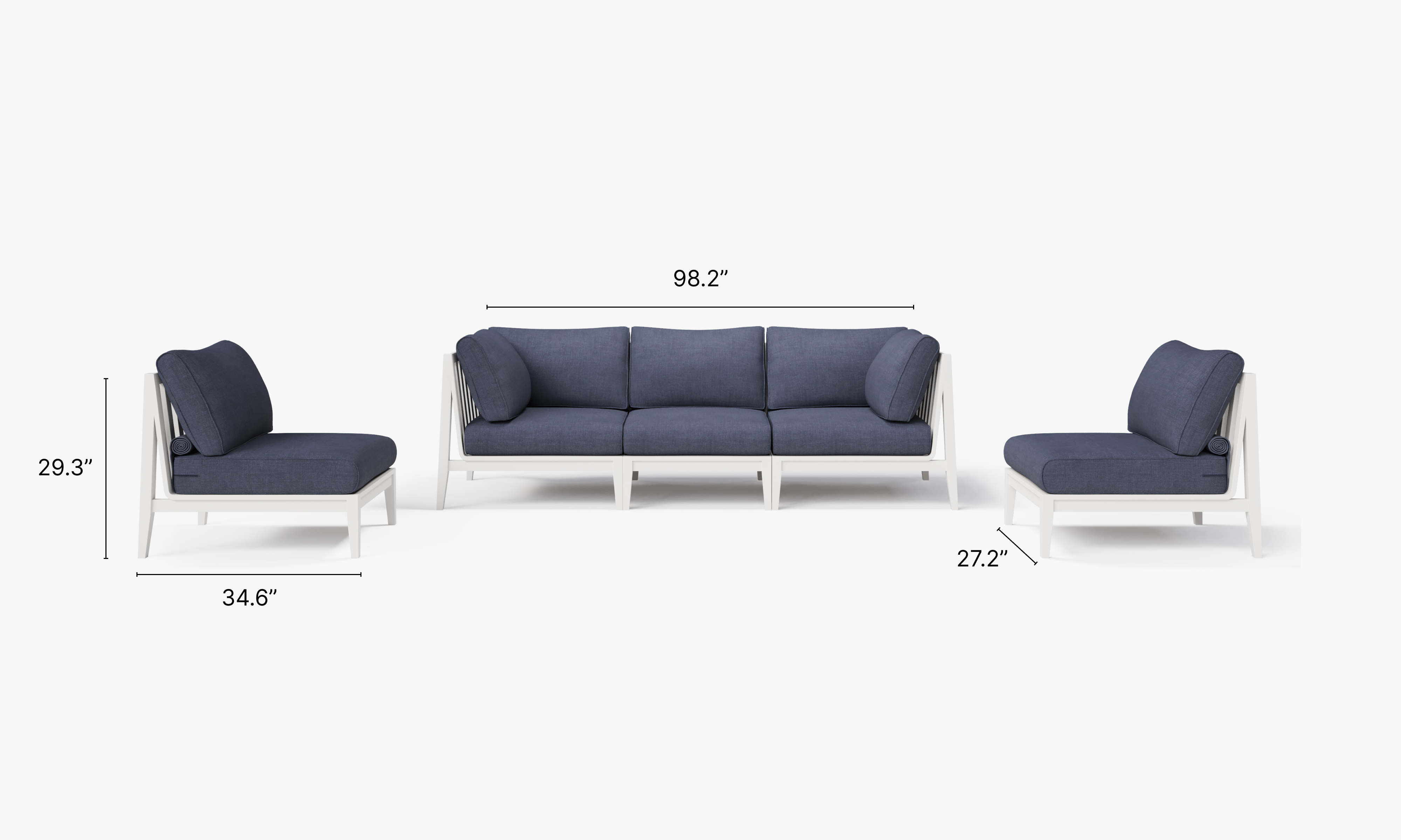 White Aluminum Outdoor Sofa with Armless Chairs - 5 Seat dimensions in inches, also listed under Dimensions and Weights. #color_deep sea navy