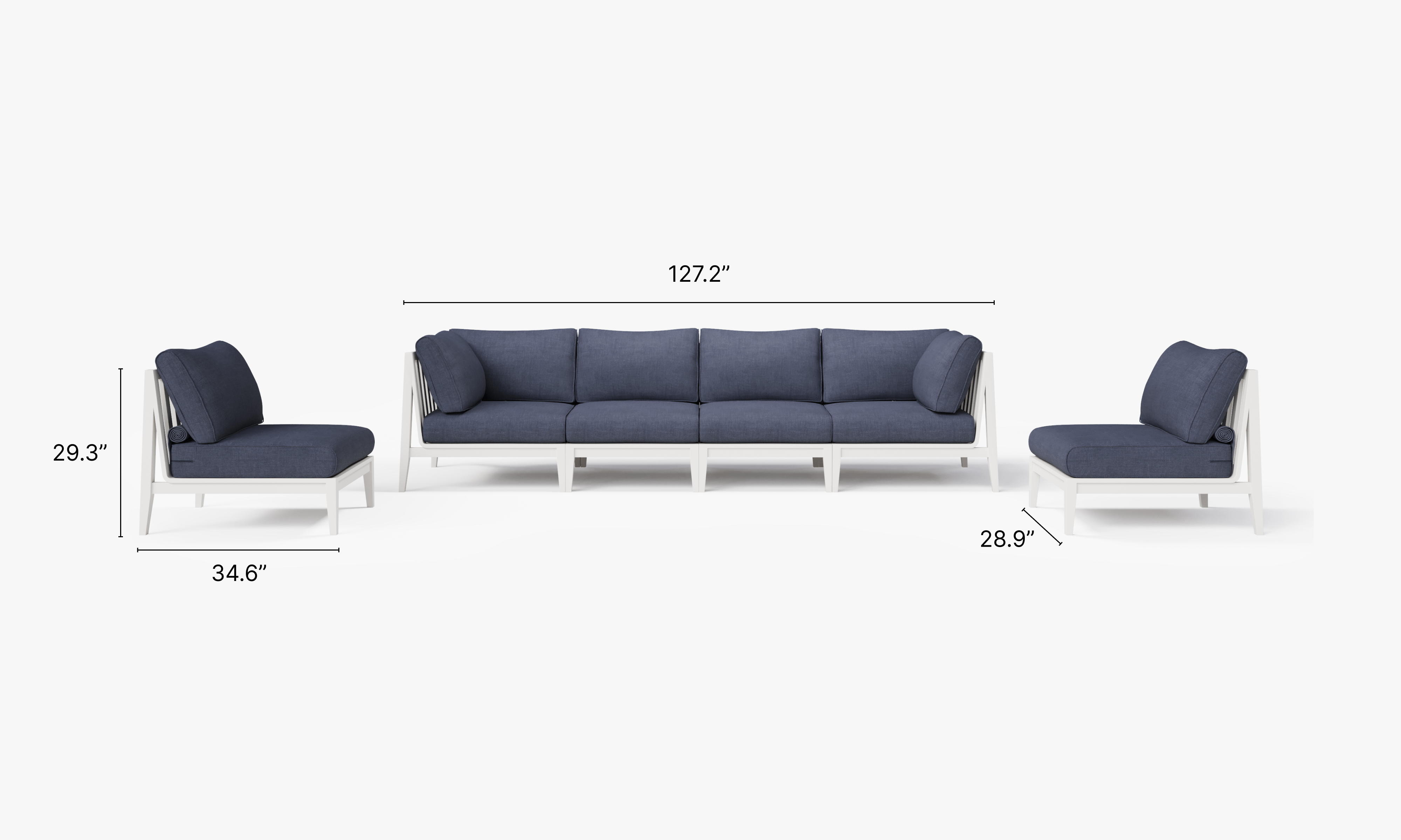 White Aluminum Outdoor Sofa with Armless Chairs - 6 Seat dimensions in inches, also listed under Dimensions and Weights. #color_deep sea navy