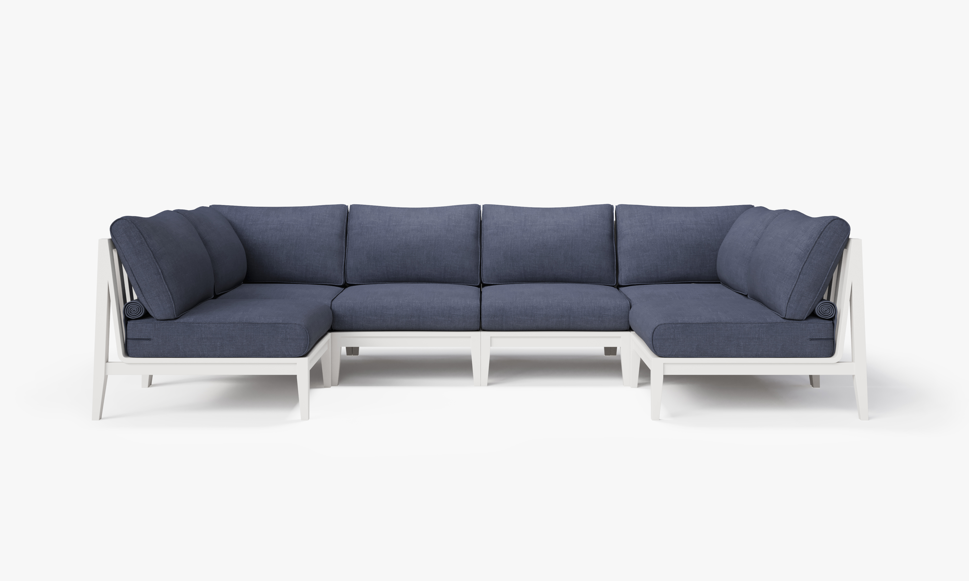 White Aluminum Outdoor U Sectional - 6 Seat, front. Comfortable, durable, and weather resistant outdoor seating with memory foam. #color_deep sea navy