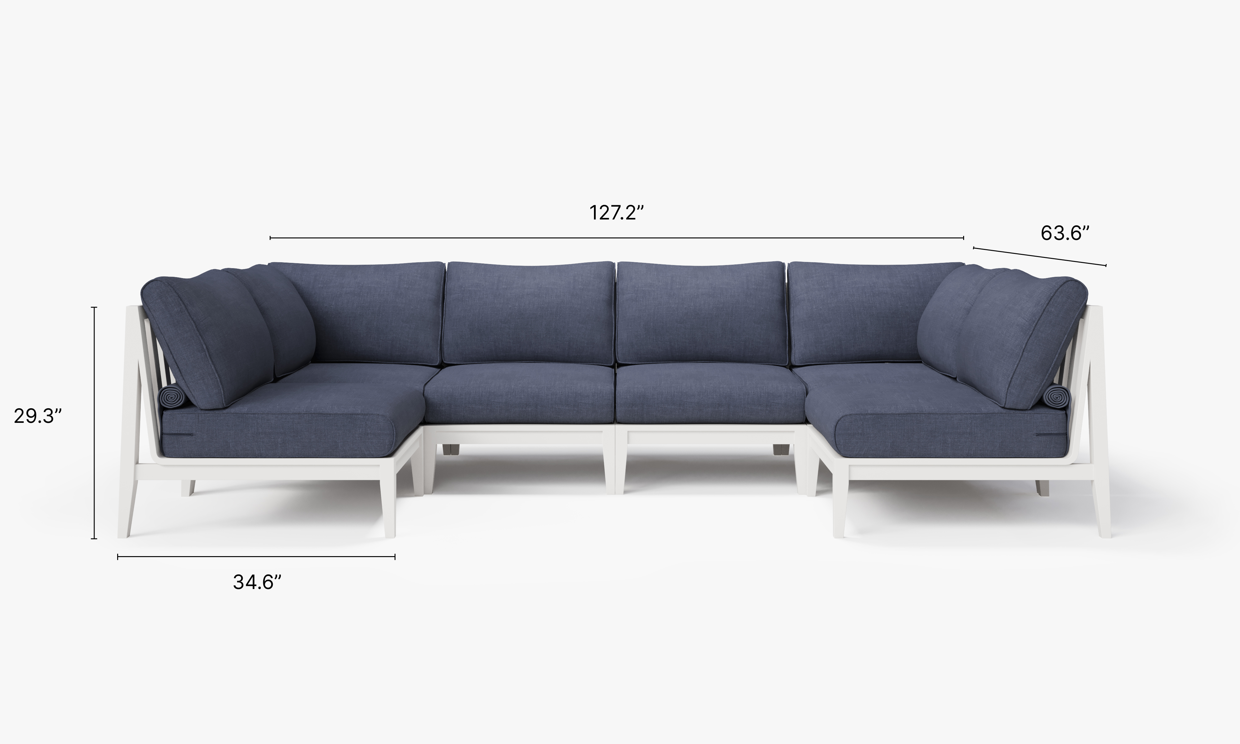 White Aluminum Outdoor U Sectional - 6 Seat dimensions in inches, also listed under Dimensions and Weights. #color_deep sea navy