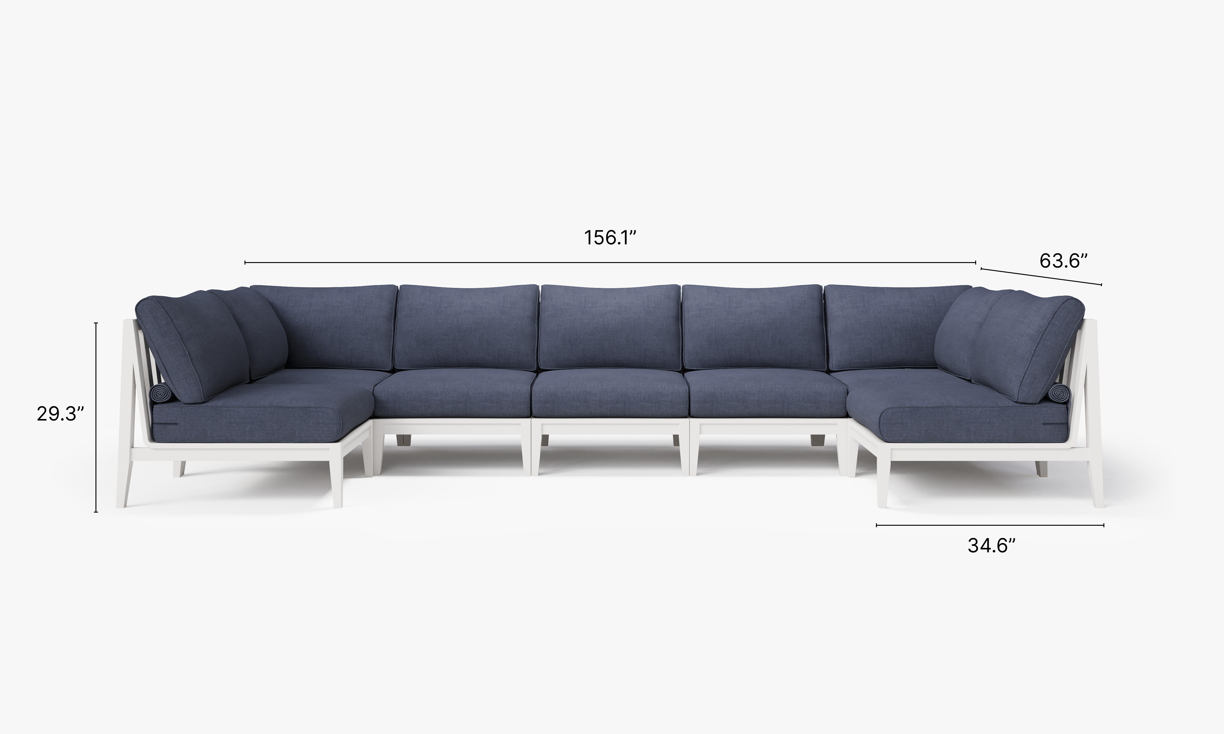 White Aluminum Outdoor U Sectional - 7 Seat dimensions in inches, also listed under Dimensions and Weights. #color_deep sea navy
