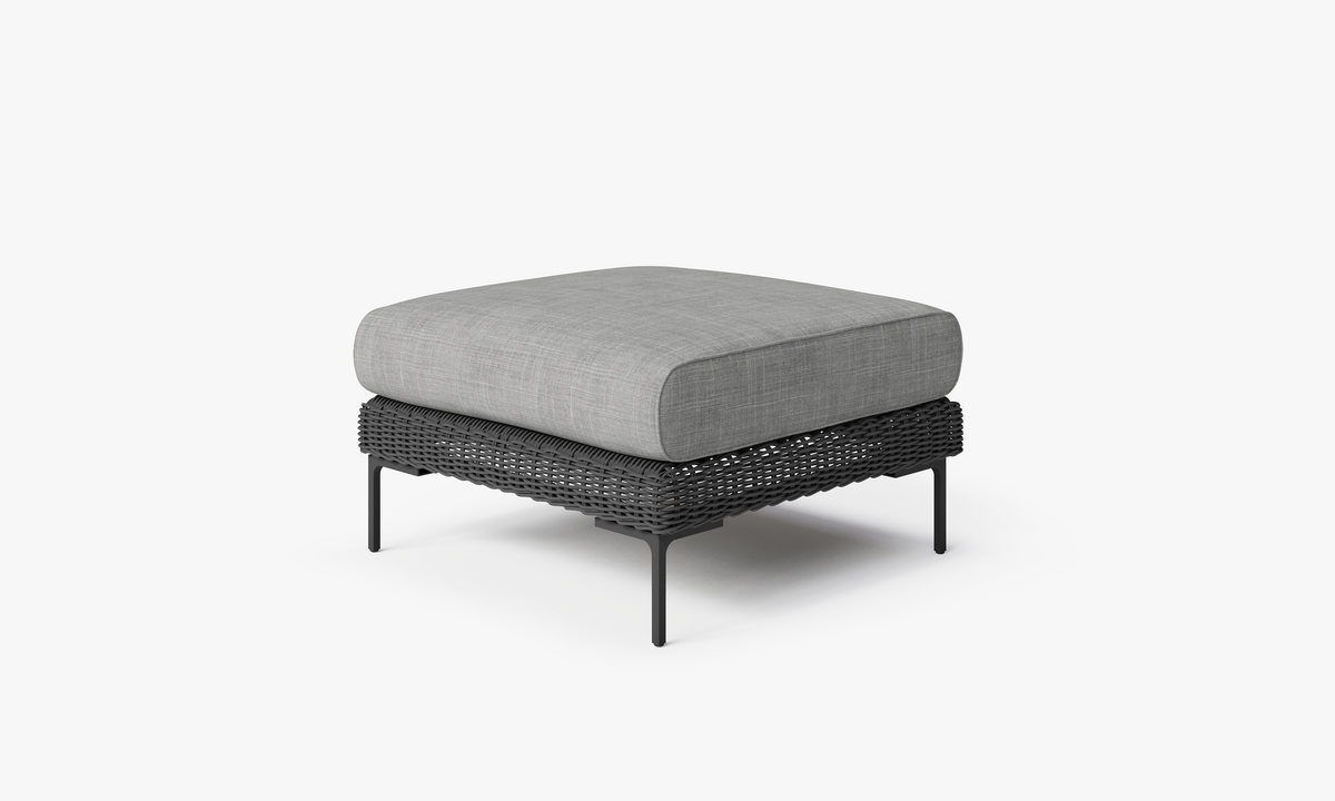 Black Wicker Outdoor Ottoman, front. Comfortable, durable, and weather resistant outdoor seating with memory foam. #color_pacific fog gray