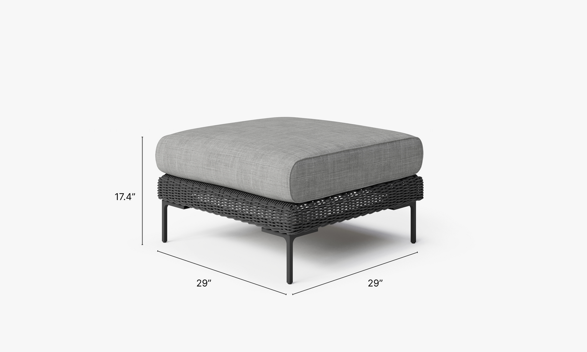 Black Wicker Outdoor Ottoman dimensions in inches, also listed under Dimensions and Weights. #color_pacific fog gray