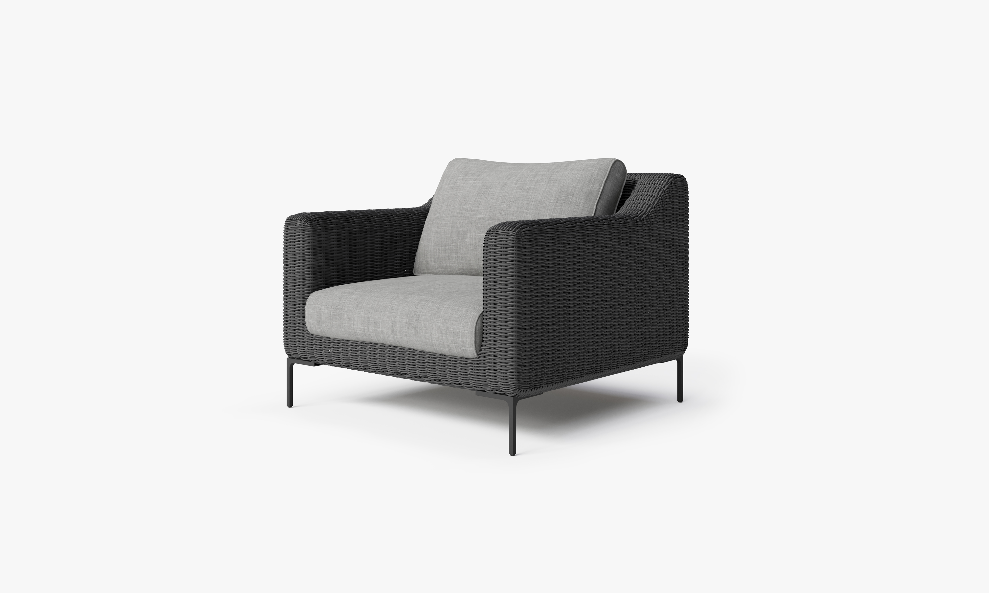 Black Wicker Outdoor Armchair, front. Comfortable, durable, and weather resistant outdoor seating with memory foam. #color_pacific fog gray