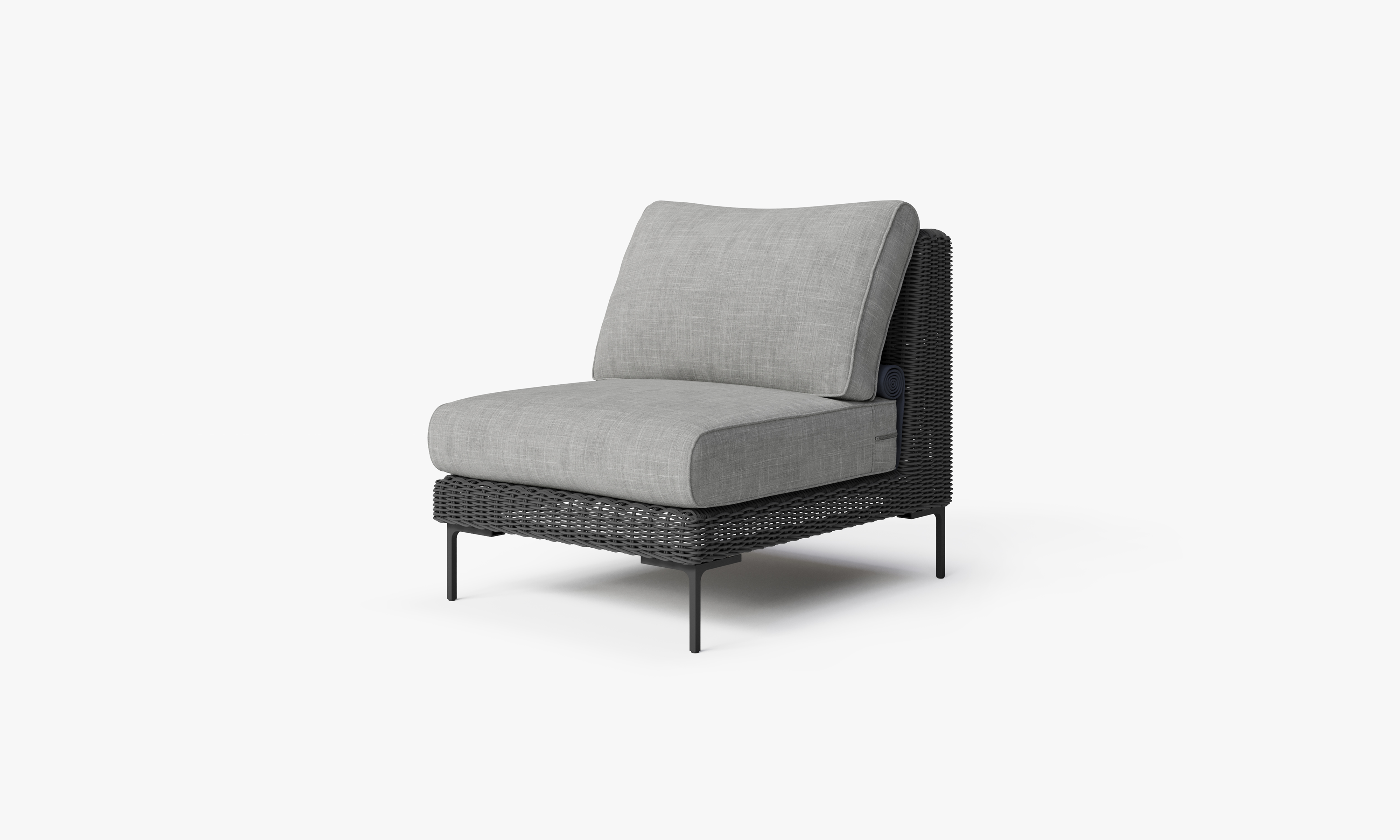 Black Wicker Outdoor Armless Chair, front. Comfortable, durable, and weather resistant outdoor seating with memory foam. #color_pacific fog gray