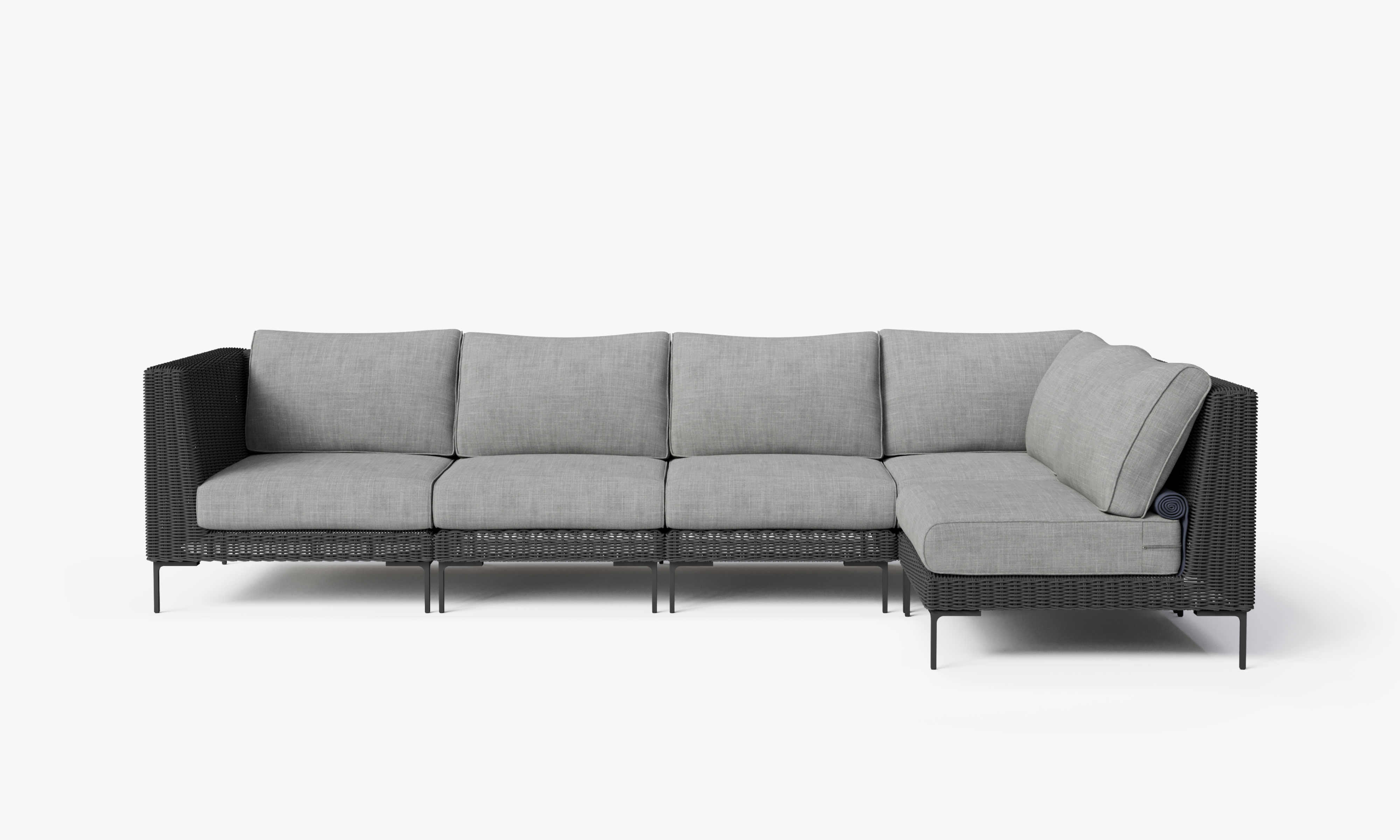 Black Wicker Outdoor L Sectional - 5 Seat, front. Comfortable, durable, and weather resistant outdoor seating with memory foam. #color_pacific fog gray