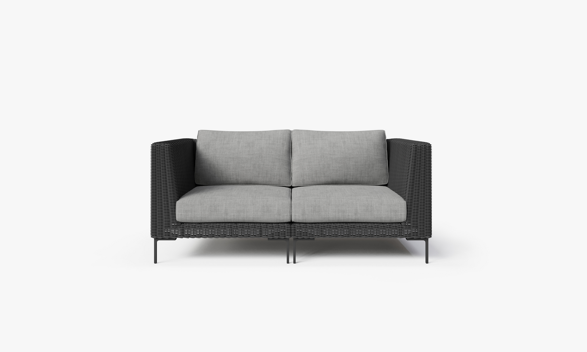 Black Wicker Outdoor Loveseat, front. Comfortable, durable, and weather resistant outdoor seating with memory foam. #color_pacific fog gray