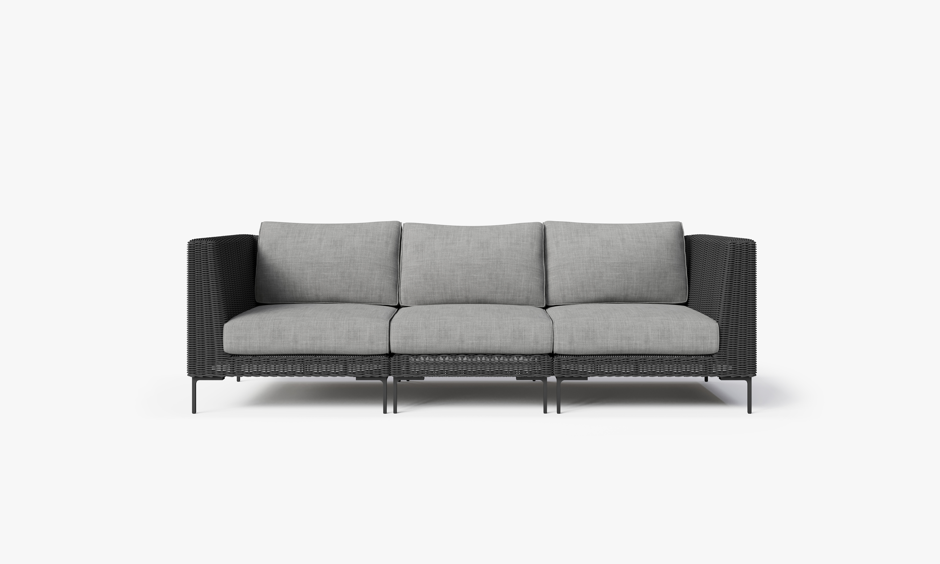Black Wicker Outdoor Sofa - 3 Seat, front. Comfortable, durable, and weather resistant outdoor seating with memory foam. #color_pacific fog gray