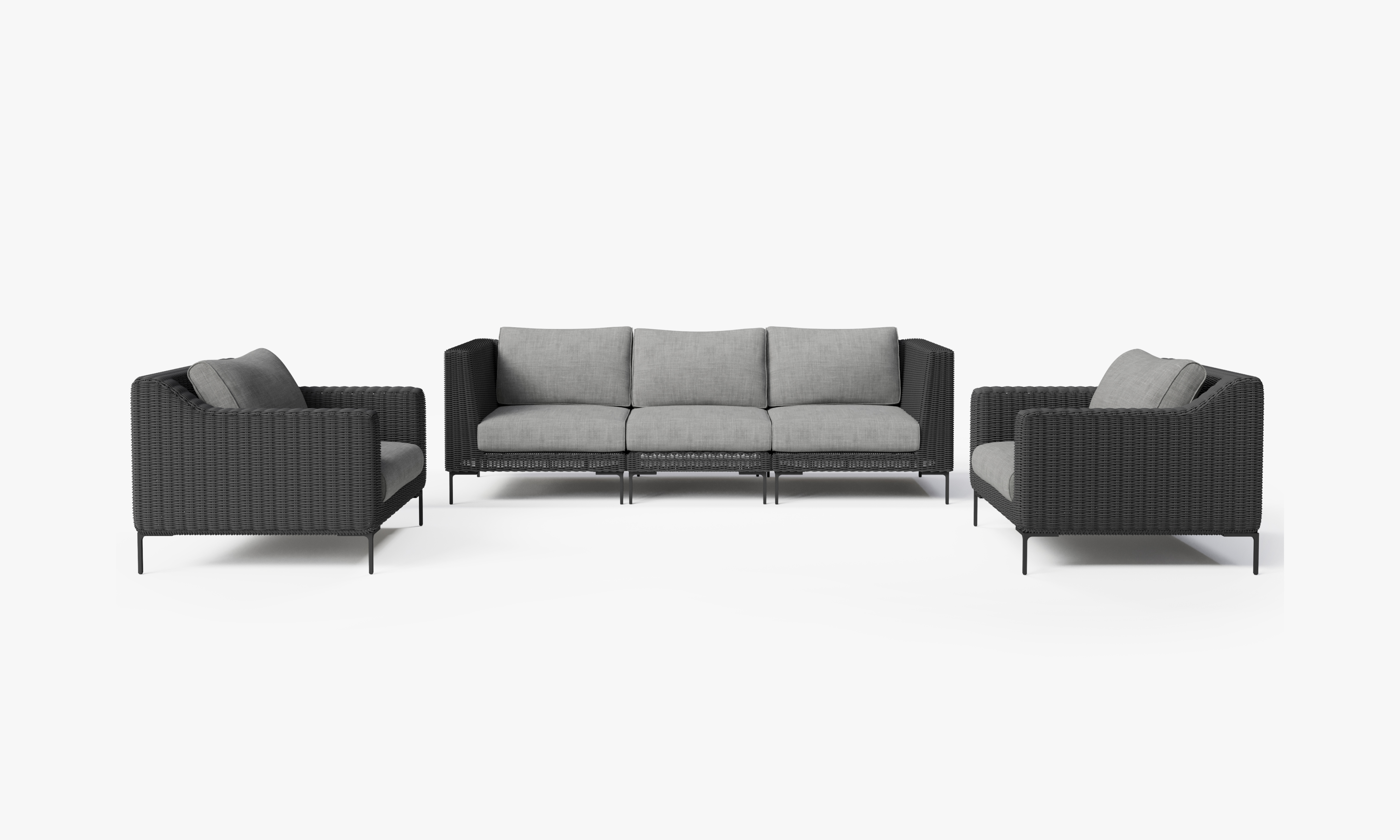 Black Wicker Outdoor Sofa with Armchairs - 5 Seat, front. Comfortable, durable, and weather resistant outdoor seating with memory foam. #color_pacific fog gray