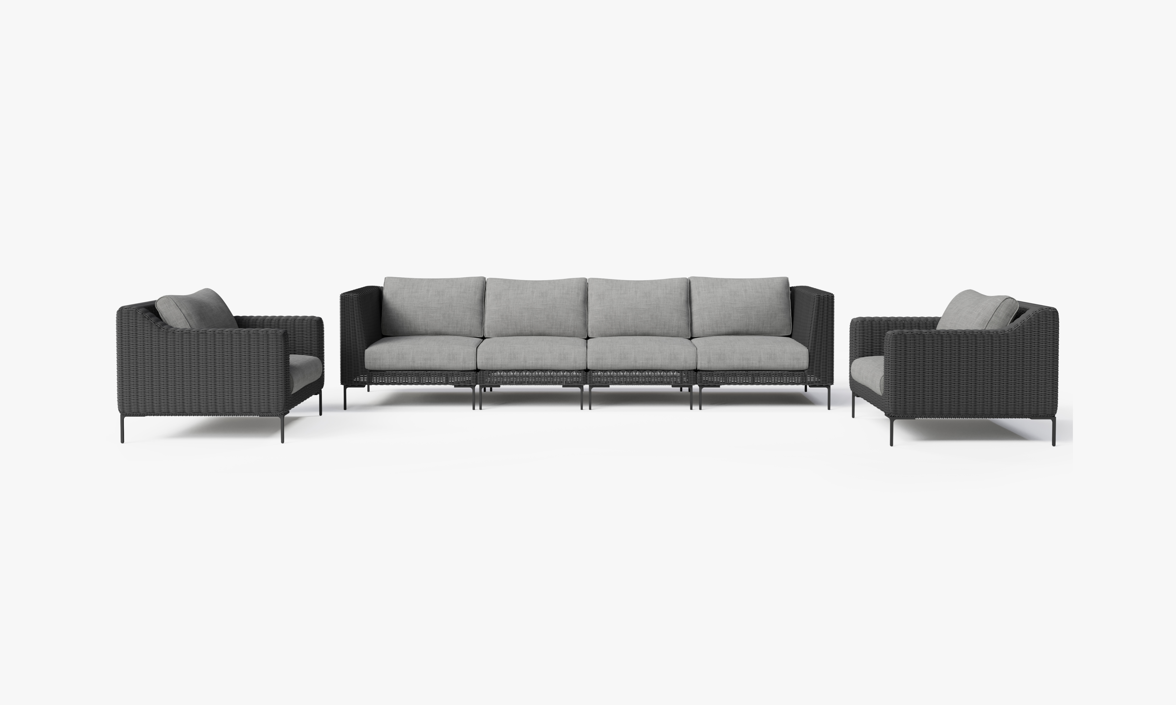 Black Wicker Outdoor Sofa with Armchairs - 6 Seat, front. Comfortable, durable, and weather resistant outdoor seating with memory foam. #color_pacific fog gray