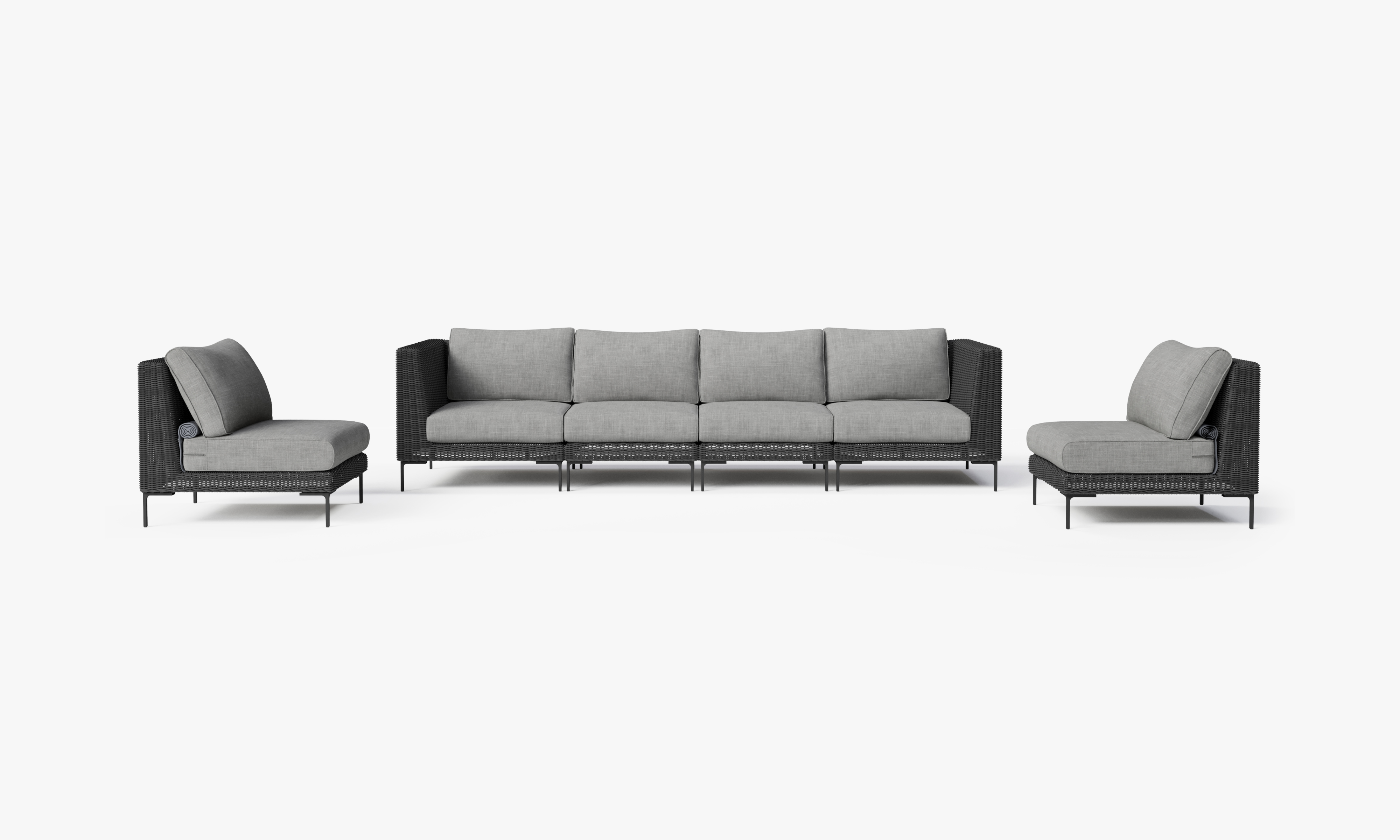 Black Wicker Outdoor Sofa with Armless Chairs - 6 Seat, front. Comfortable, durable, and weather resistant outdoor seating with memory foam. #color_pacific fog gray