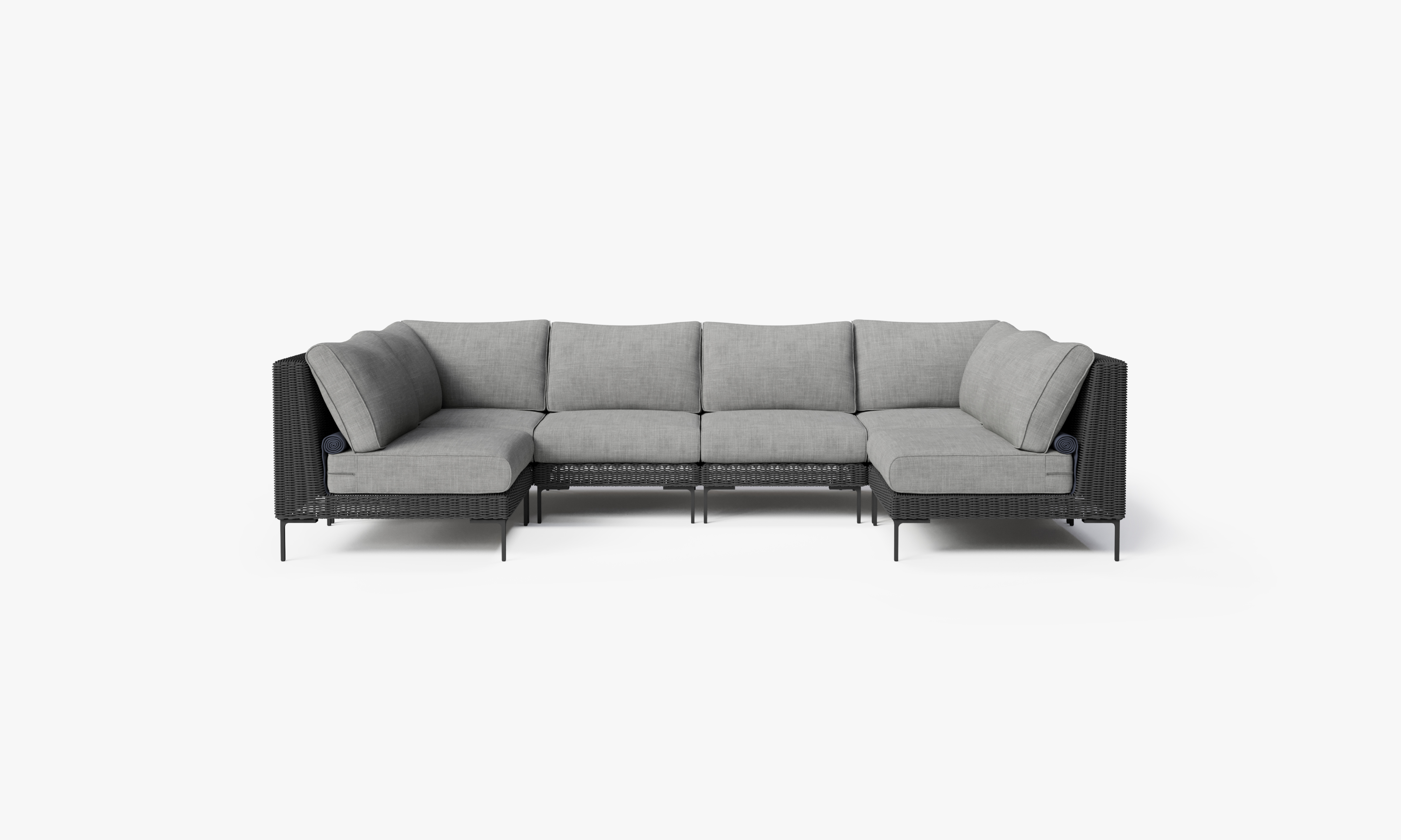 Black Wicker Outdoor U Sectional - 6 Seat, front. Comfortable, durable, and weather resistant outdoor seating with memory foam. #color_pacific fog gray