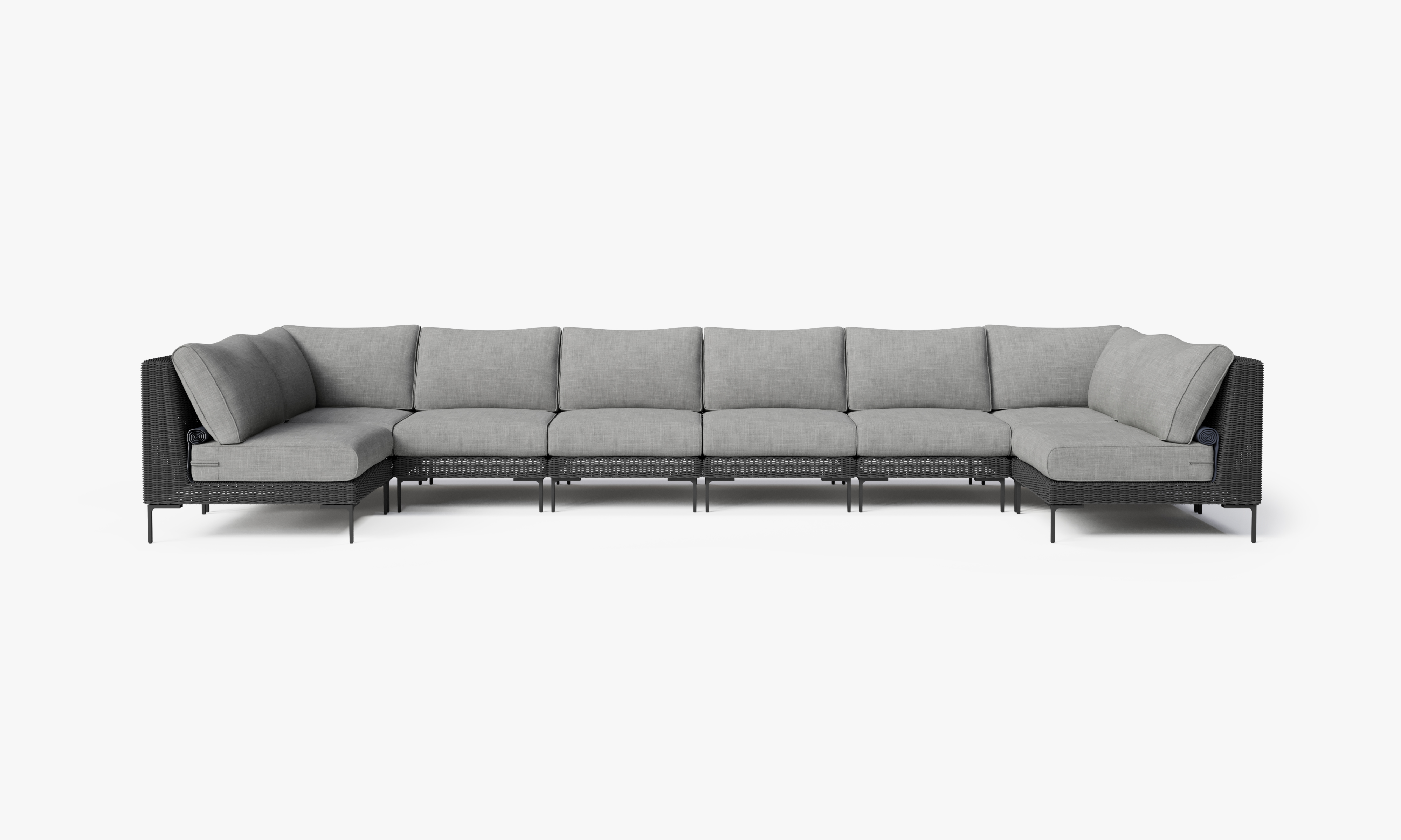 Black Wicker Outdoor U Sectional - 8 Seat, front. Comfortable, durable, and weather resistant outdoor seating with memory foam. #color_pacific fog gray