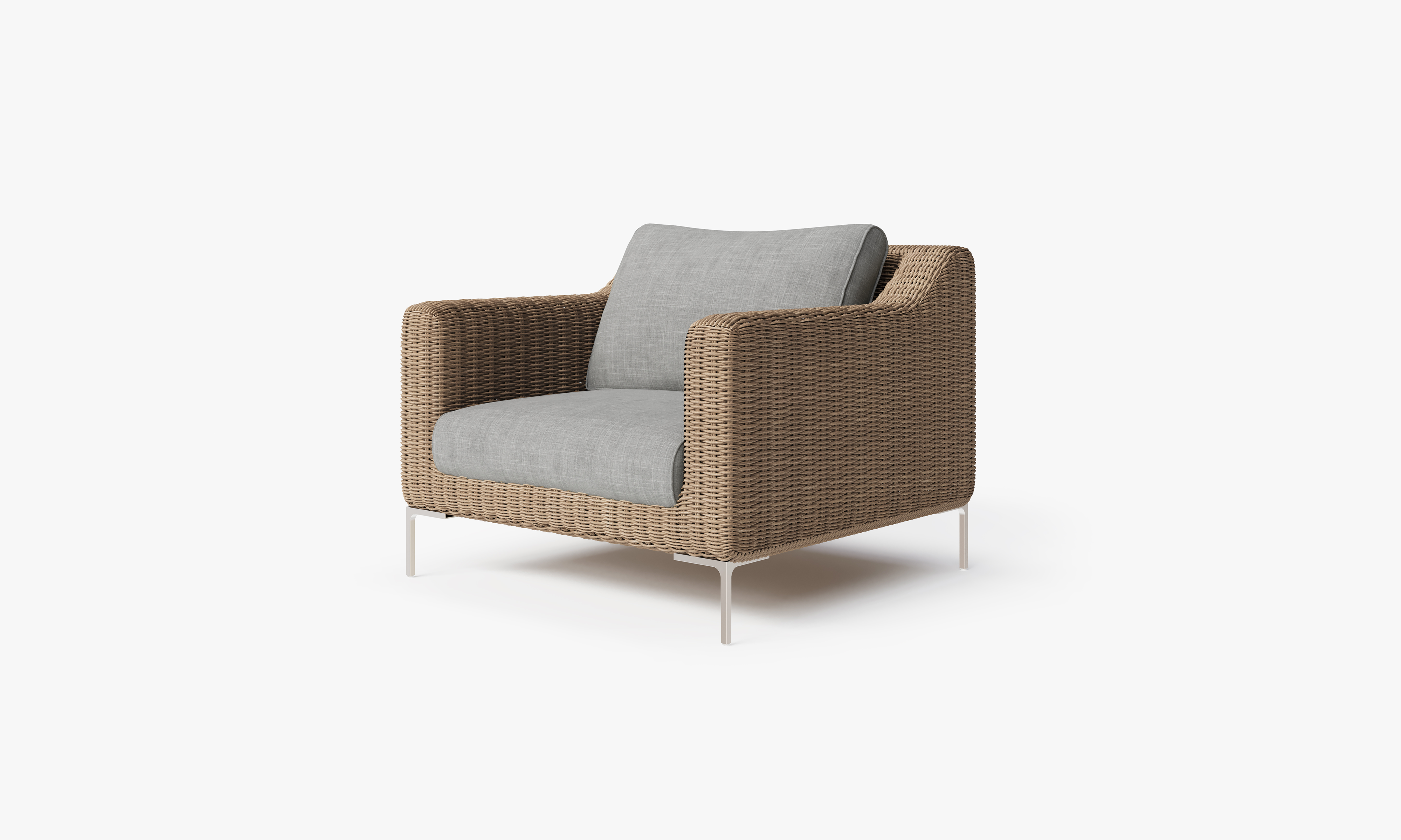 Brown Wicker Outdoor Armchair, front. Comfortable, durable, and weather resistant outdoor seating with memory foam. #fabric_pacific fog gray
