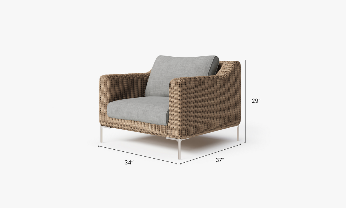 Brown Wicker Outdoor Armchair dimensions in inches, also listed under Dimensions and Weights. #color_pacific fog gray
