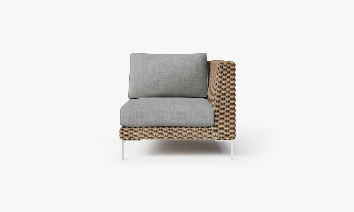 Brown Wicker Outdoor Corner Chair - Left/Right, front. Comfortable, durable, and weather resistant outdoor seating with memory foam. #color_pacific fog gray