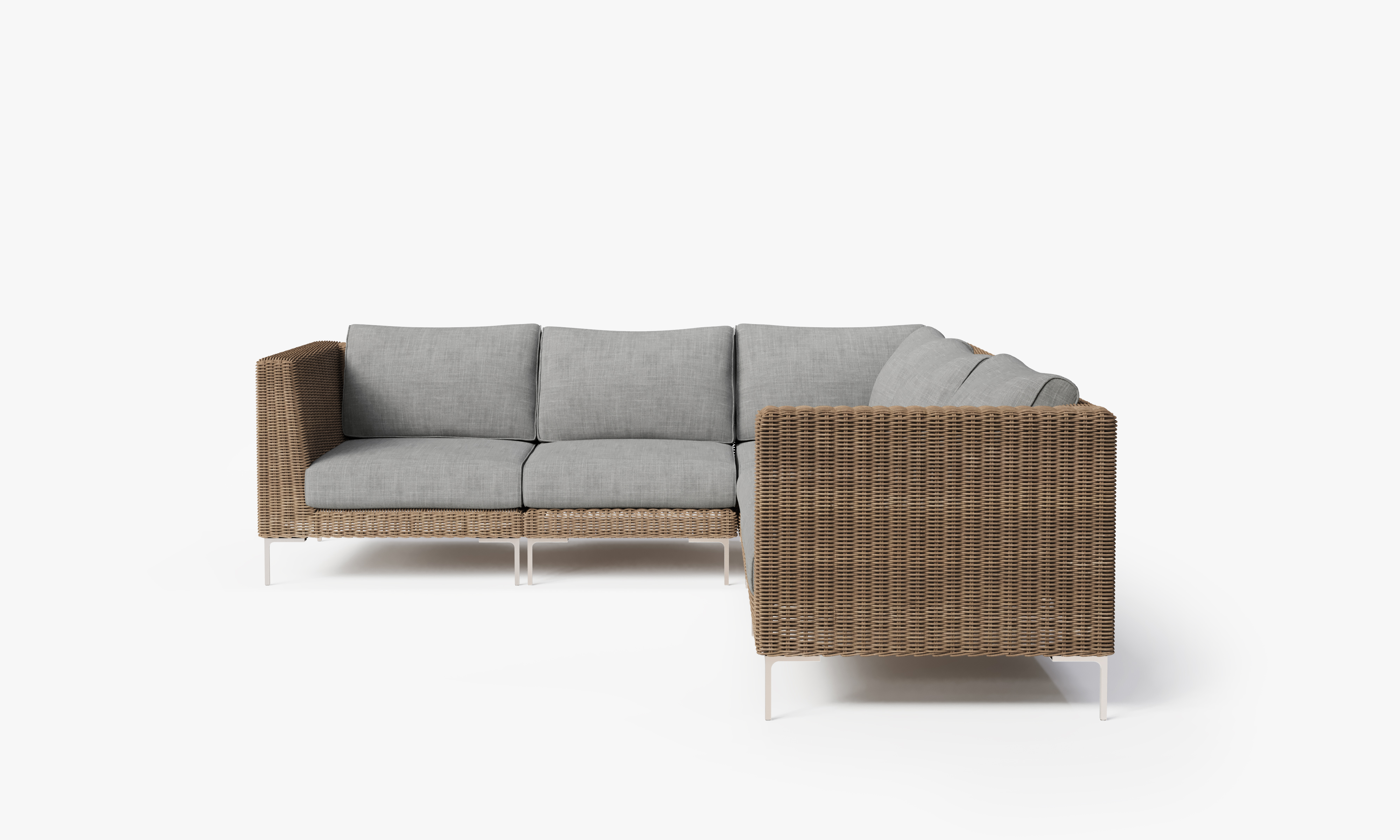 Brown Wicker Outdoor Corner Sectional - 5 Seat, front. Comfortable, durable, and weather resistant outdoor seating with memory foam. #color_pacific fog gray